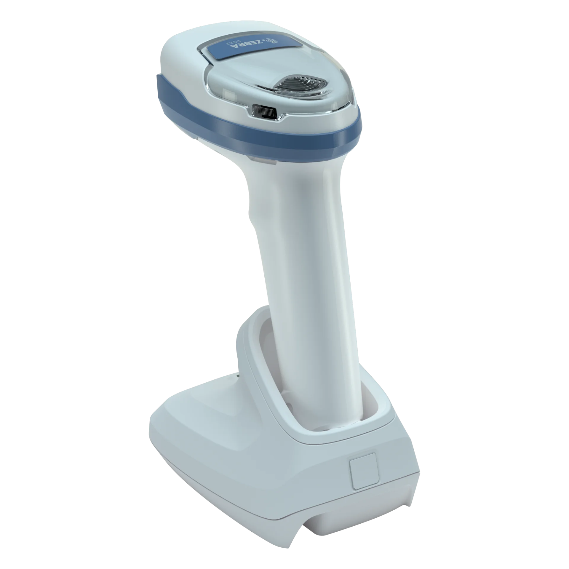 Barcode-Scanner Zebra DS2278-HC schräg von hinten links; blaues Gehäuseband, glatter Griff und Basisstation.