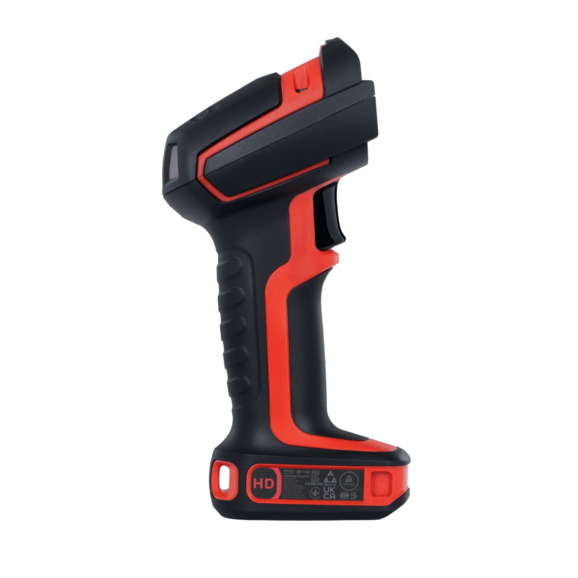 Barcode-Scanner Honeywell Granit Ultra 2105iHD von rechts mit schwarz-rotem Gehäuse, Griffverstärkung und Auslöser
