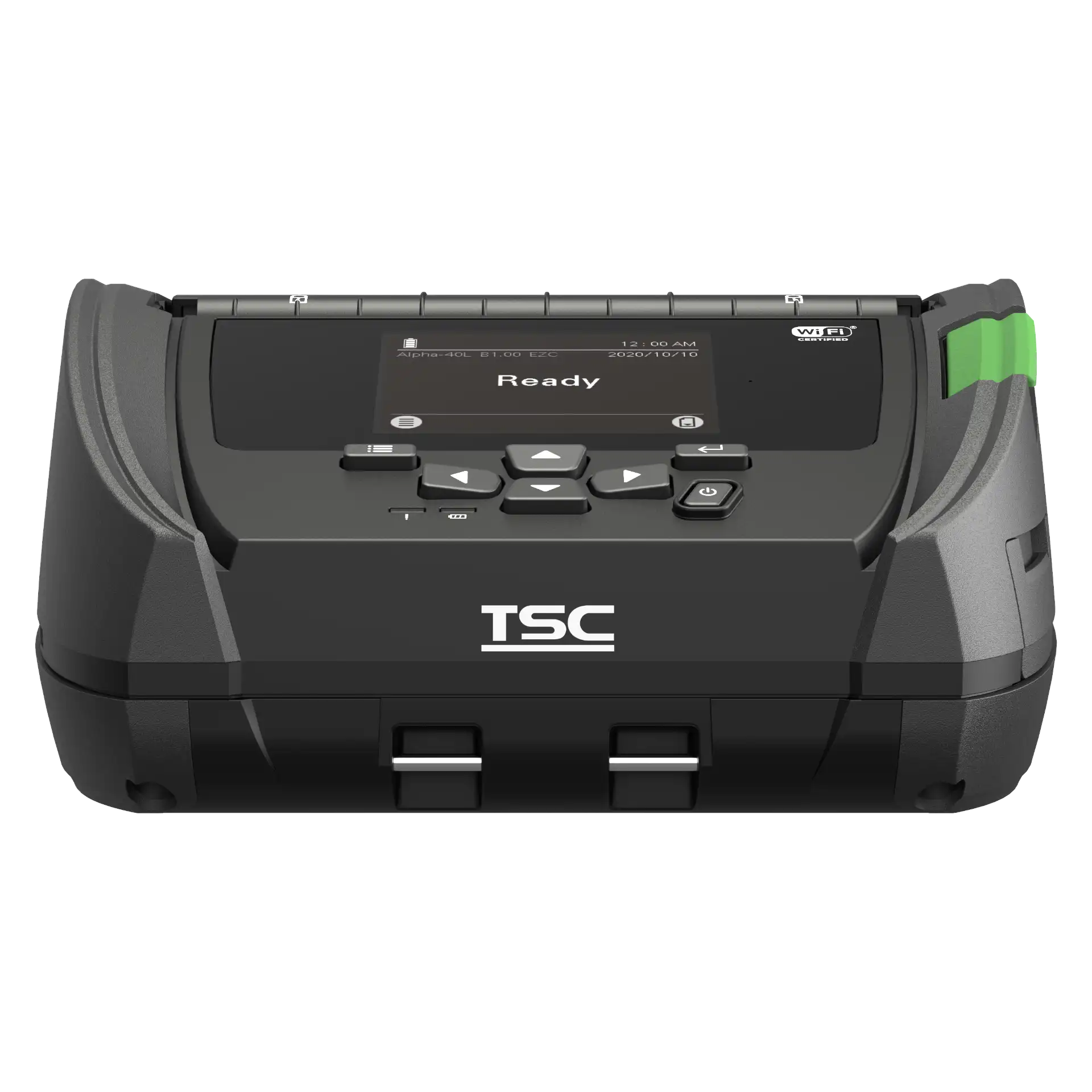 Etikettendrucker TSC Alpha-40L – niedrige Frontansicht mit leicht geneigtem, eingeschaltetem Display, Navigationstasten, Powertaste und TSC-Logo