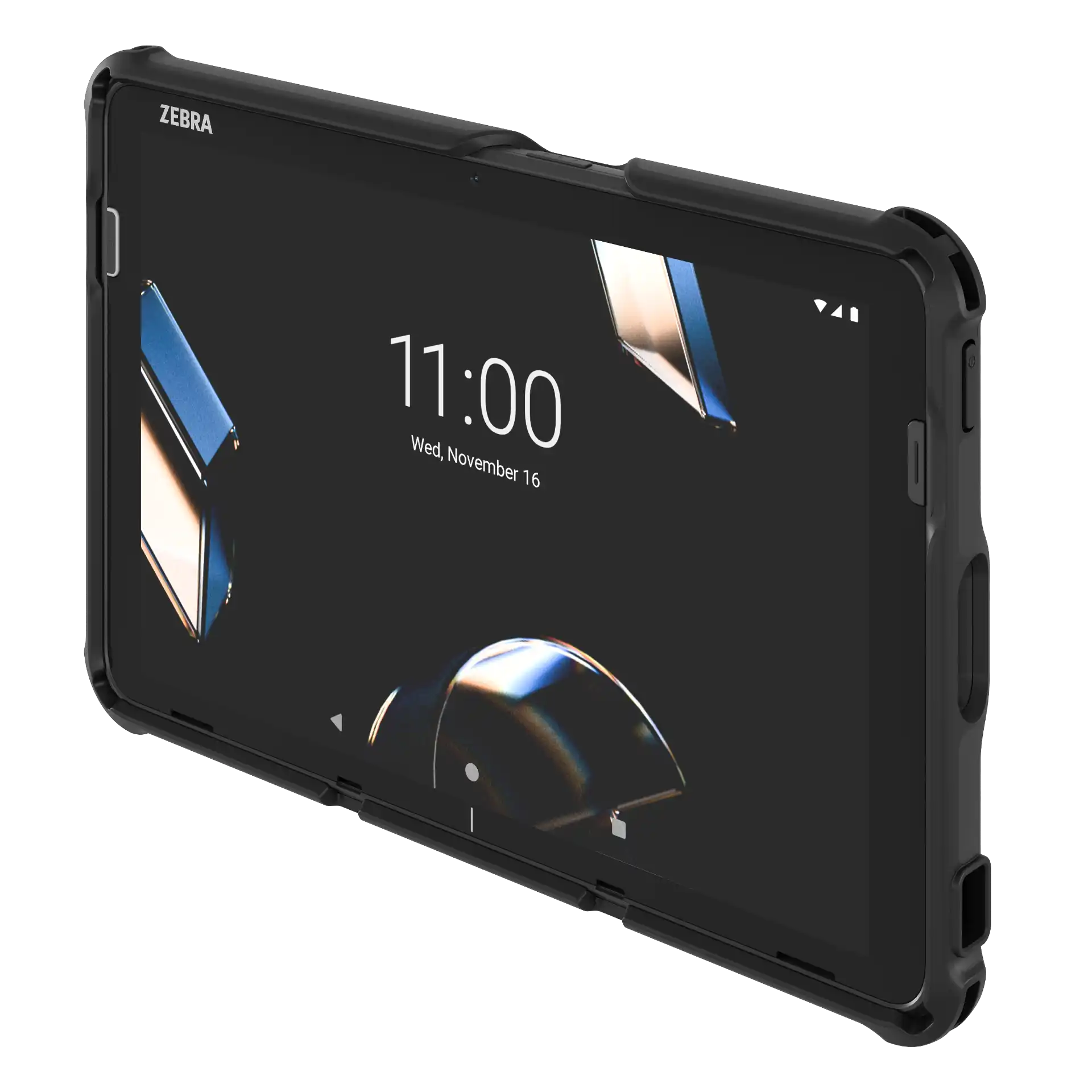Tablet Zebra ET401 – schräge Front rechts, 10-Zoll Display an, Kamera, Scanner, seitliche Tasten und Schutzhülle sichtbar
