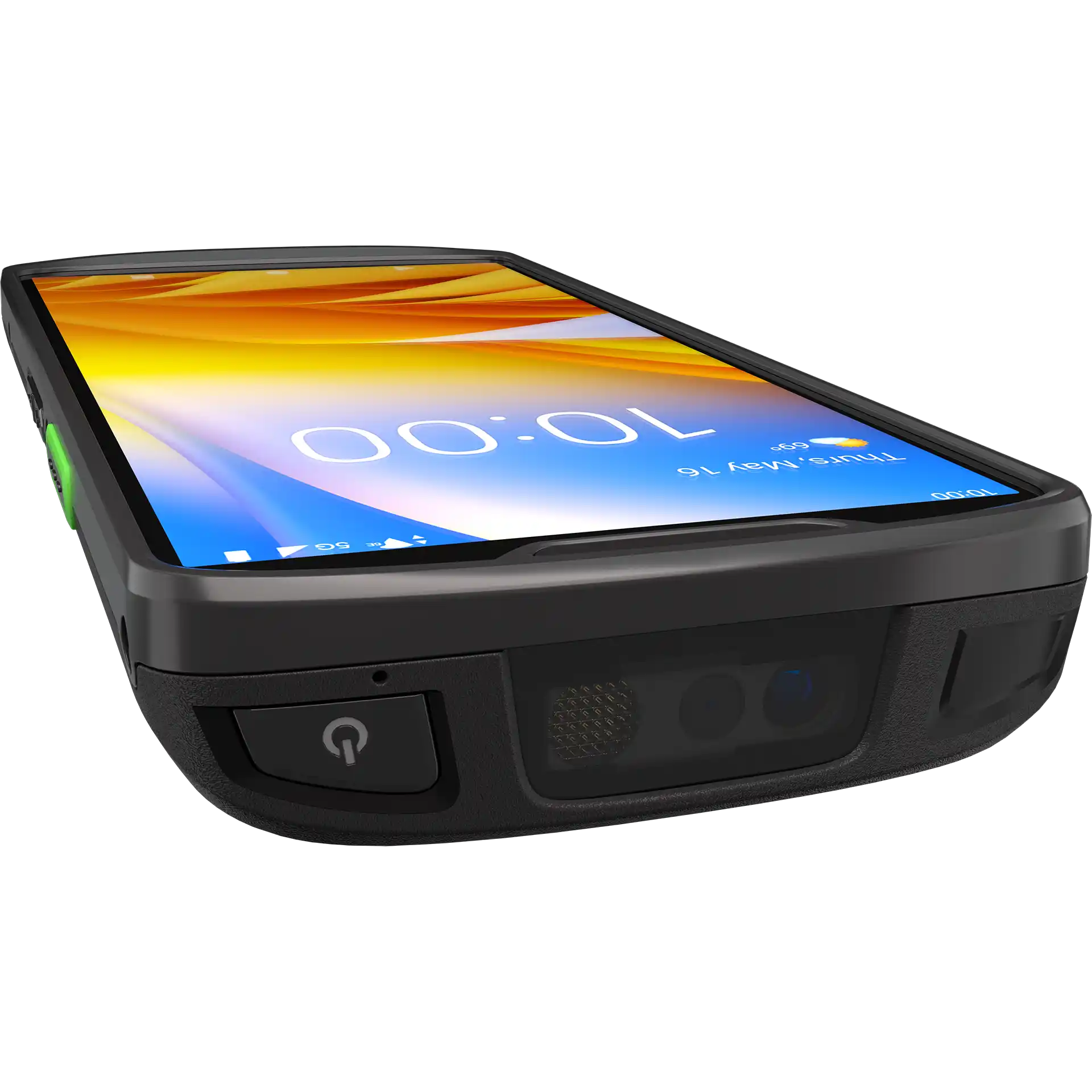 Zebra TC53e MDE Gerät schräge Front, Display an, SE4720 Scanner und Frontkamera sichtbar.