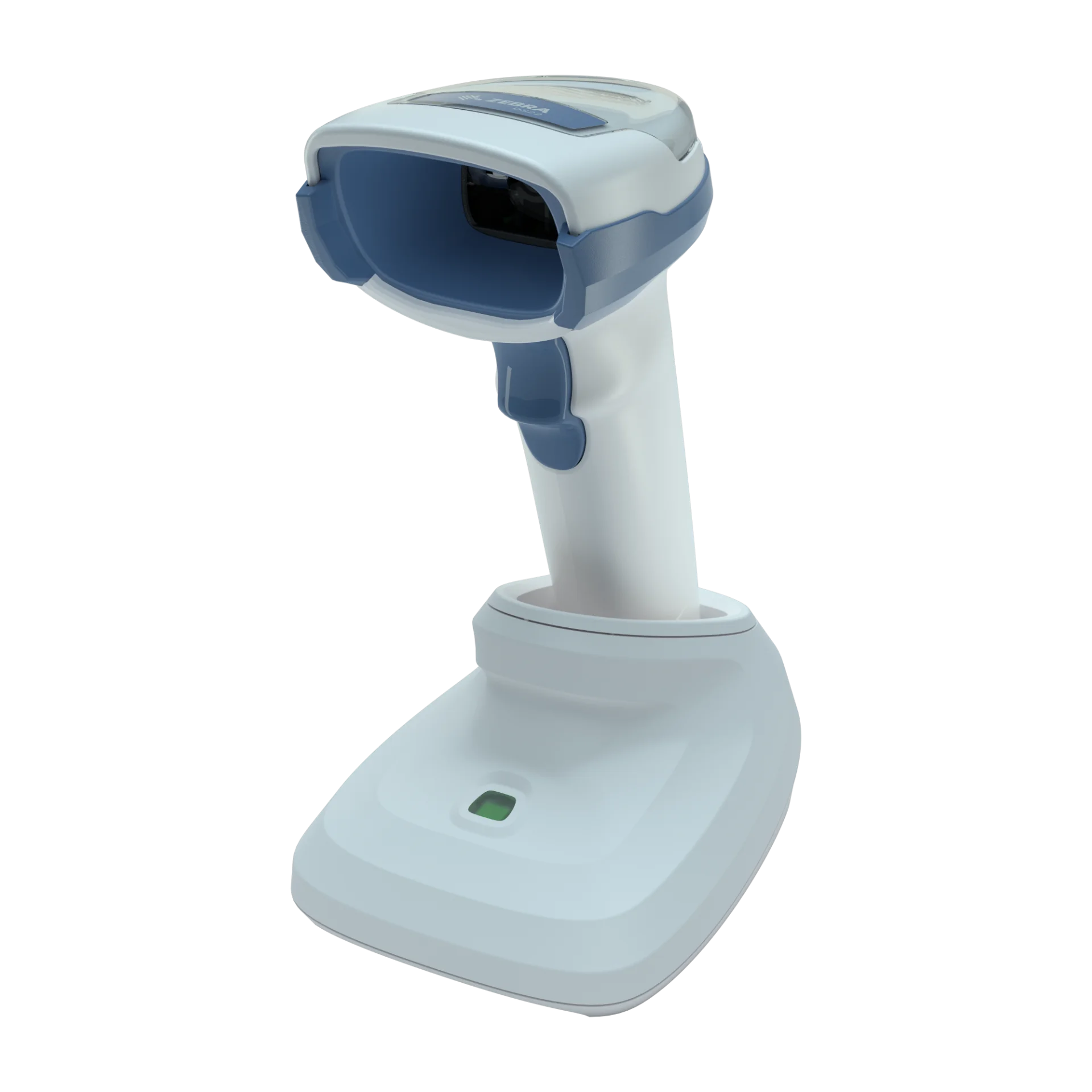 Barcode-Scanner Zebra DS2278-HC schräg von vorn rechts; Scanfenster, blauer Auslöser und aufgestellte Basisstation mit Leuchtanzeige sichtbar.