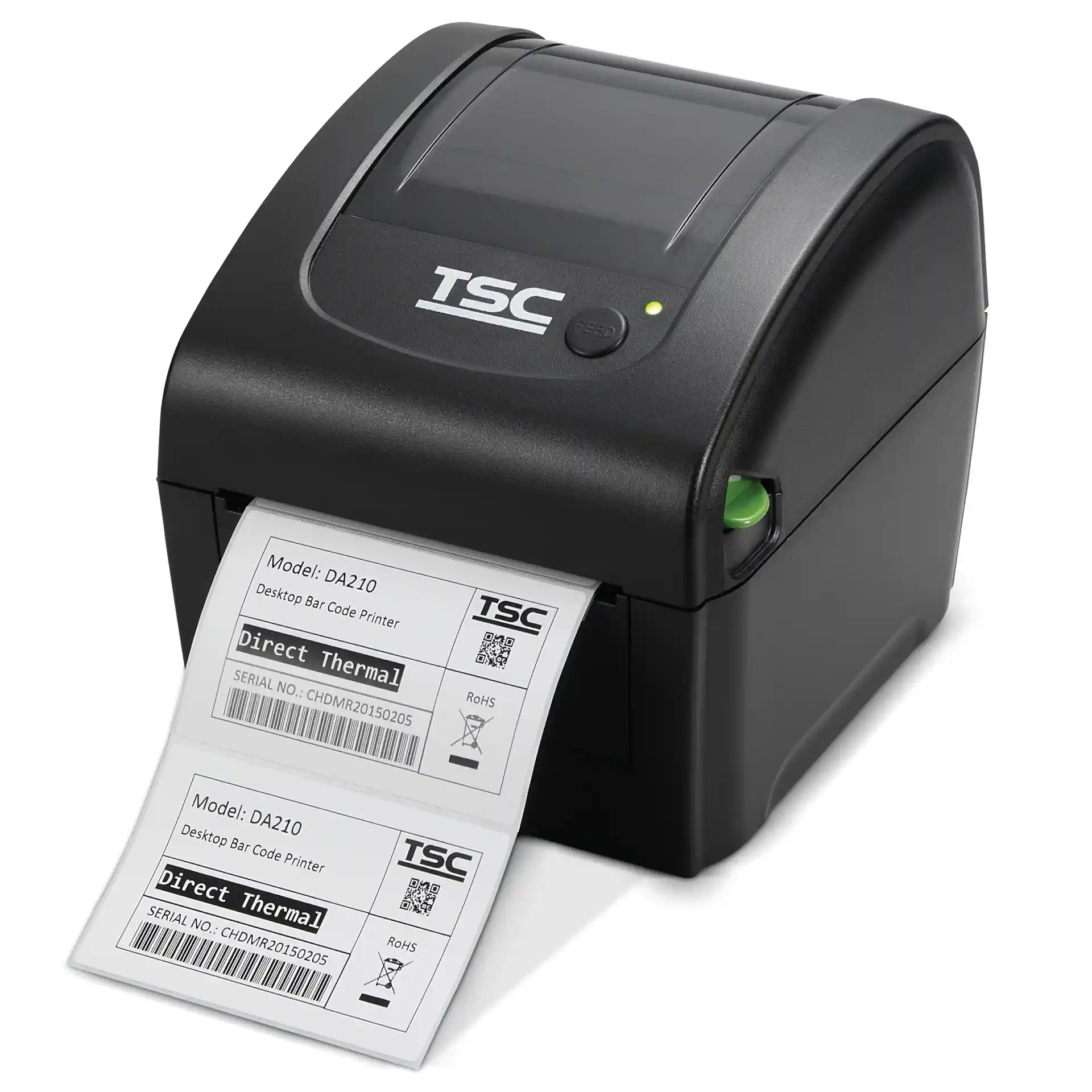 Geschlossener TSC DA210 Drucker druckt zwei Barcode-Etiketten aus