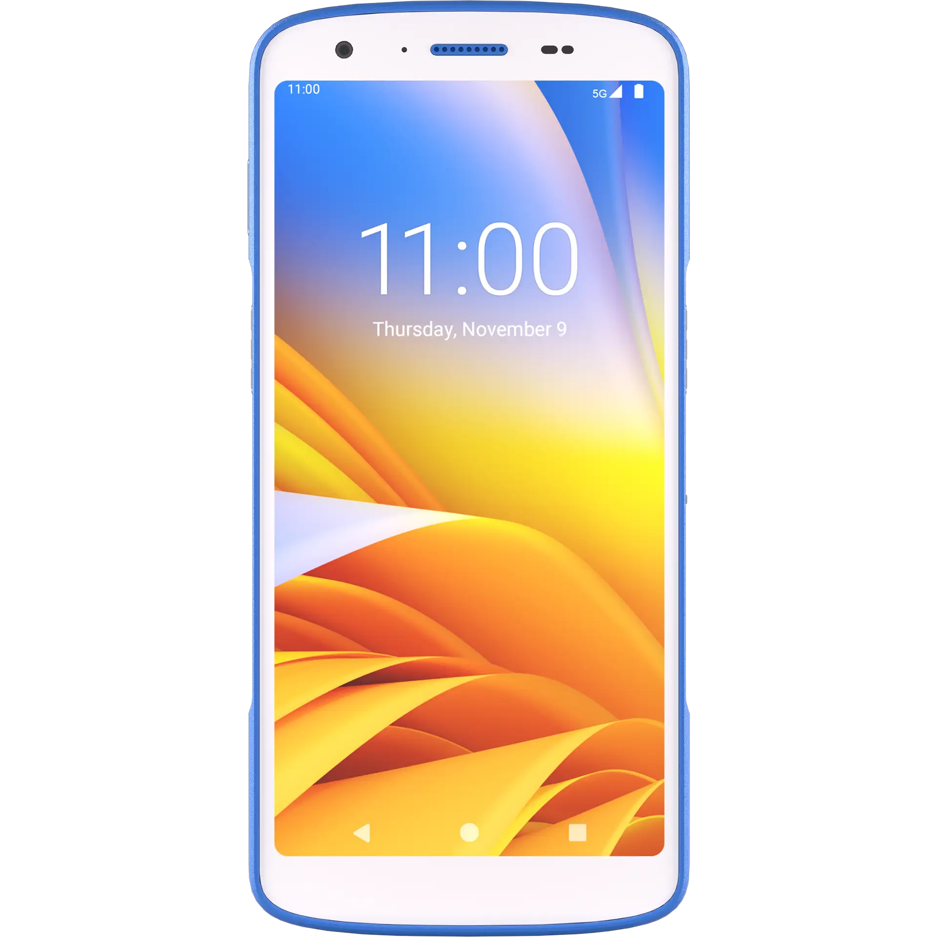 Zebra HC50/HC55 MDE Gerät frontal, Display eingeschaltet, Frontkamera und Sensoren sichtbar.