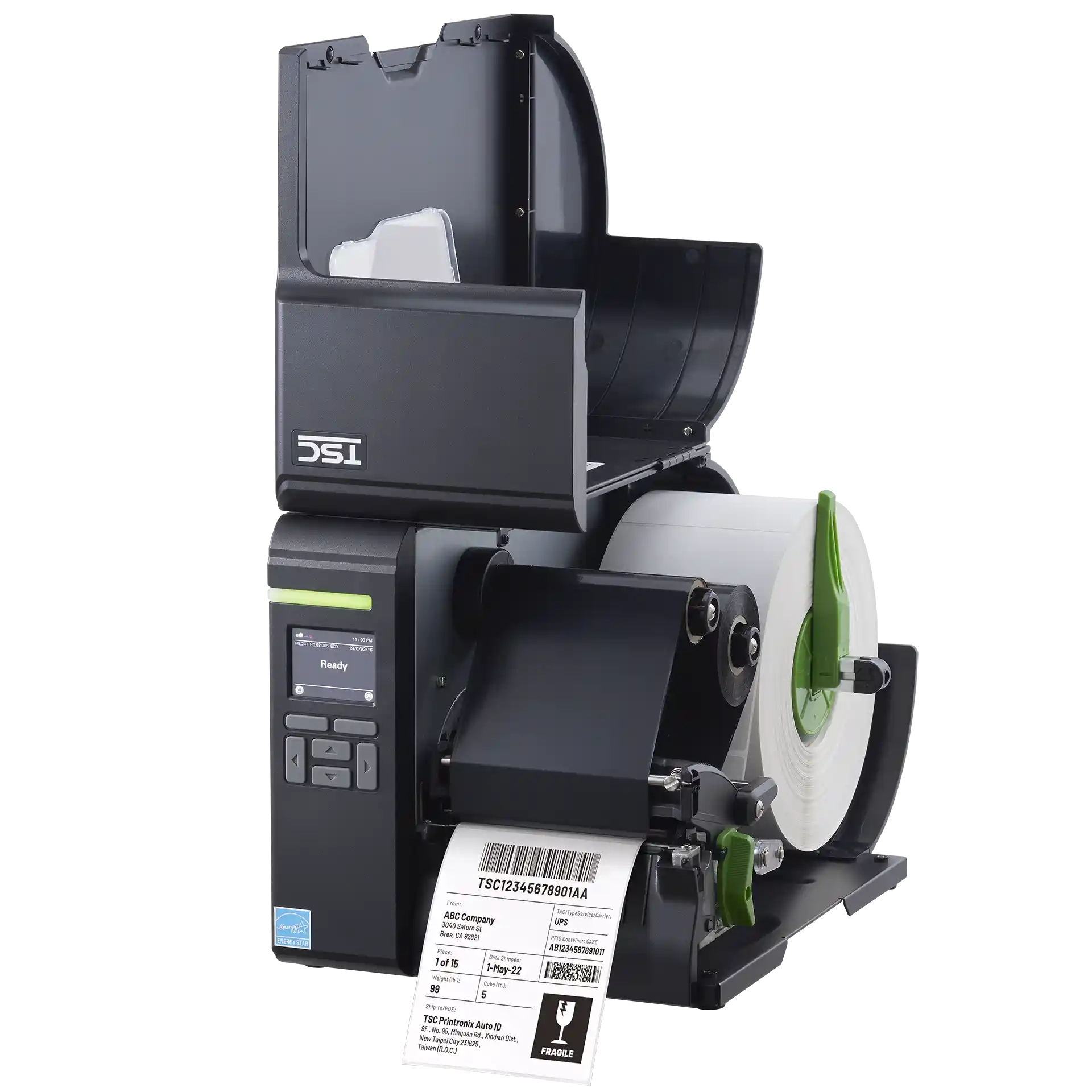 TSC ML241P seitliche Frontansicht geöffnet mit Etikettenrolle, Farbband und Etikett im Ausgabeschacht TSC ML241P Etikettendrucker, offene Seitenansicht mit eingesetzter Etikettenrolle und Farbband, Druckkopf sichtbar, gedrucktes Adressetikett wird ausgeworfen