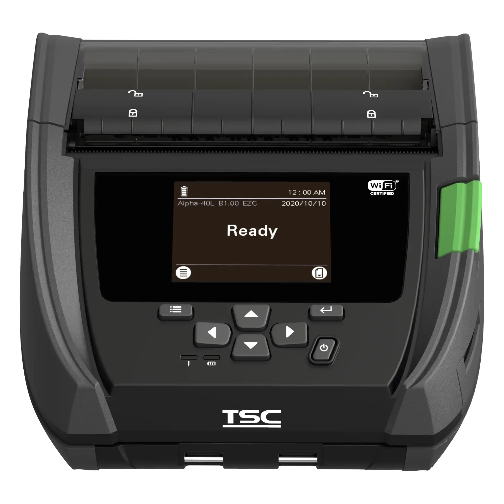 Etikettendrucker TSC Alpha-40L – Frontansicht von oben mit eingeschaltetem Display, Navigations- und Powertasten sowie grünem Entriegelungsknopf