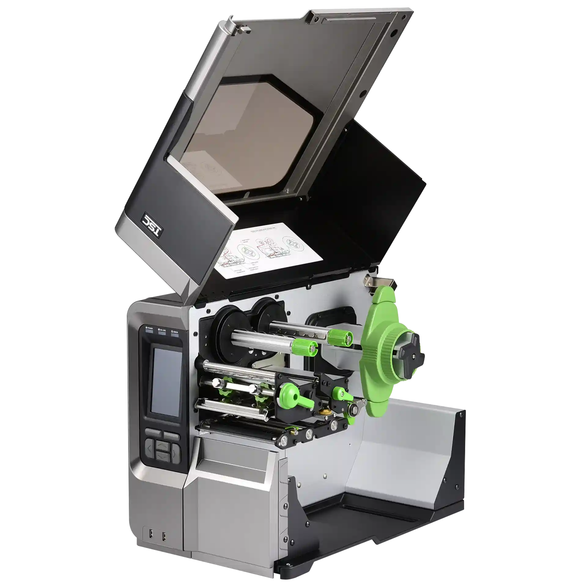 TSC MX241P Etikettendrucker seitlich geöffnet, Innenmechanik und Spindeln ohne Etikettenrolle sichtbar