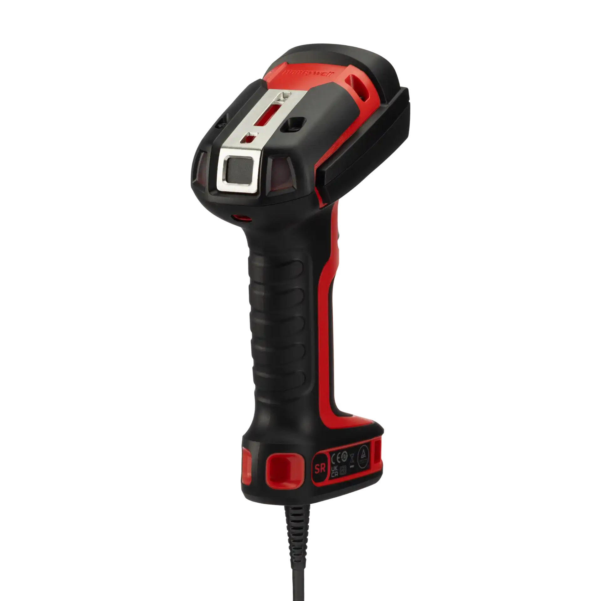 Barcode-Scanner Honeywell Granit Ultra 2100i XR – schräge Rückansicht rechts mit Metallbügel, SR-Kennzeichnung, roten Bedienelementen und Kabel.