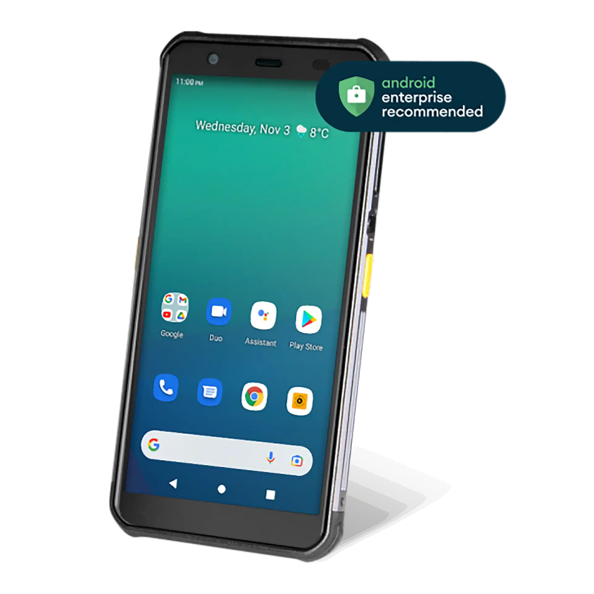 Frontalansicht des Newland NFT10 Pilot Pro MDE Geräts, Display eingeschaltet, Android-Apps sichtbar.