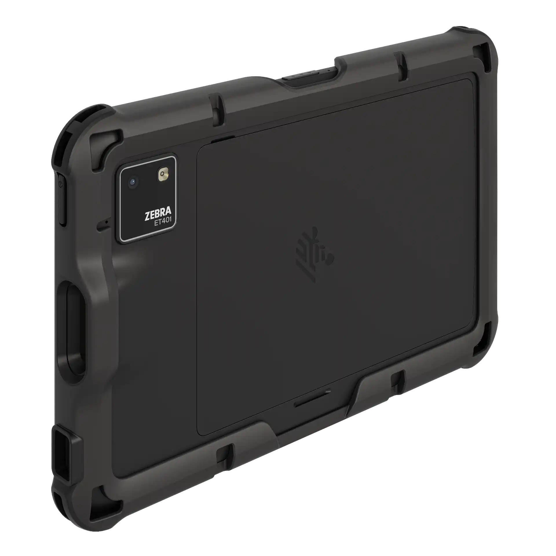 Tablet Zebra ET401, 8 Zoll – Rückansicht links, Kamera, Scanner und Schutzhülle