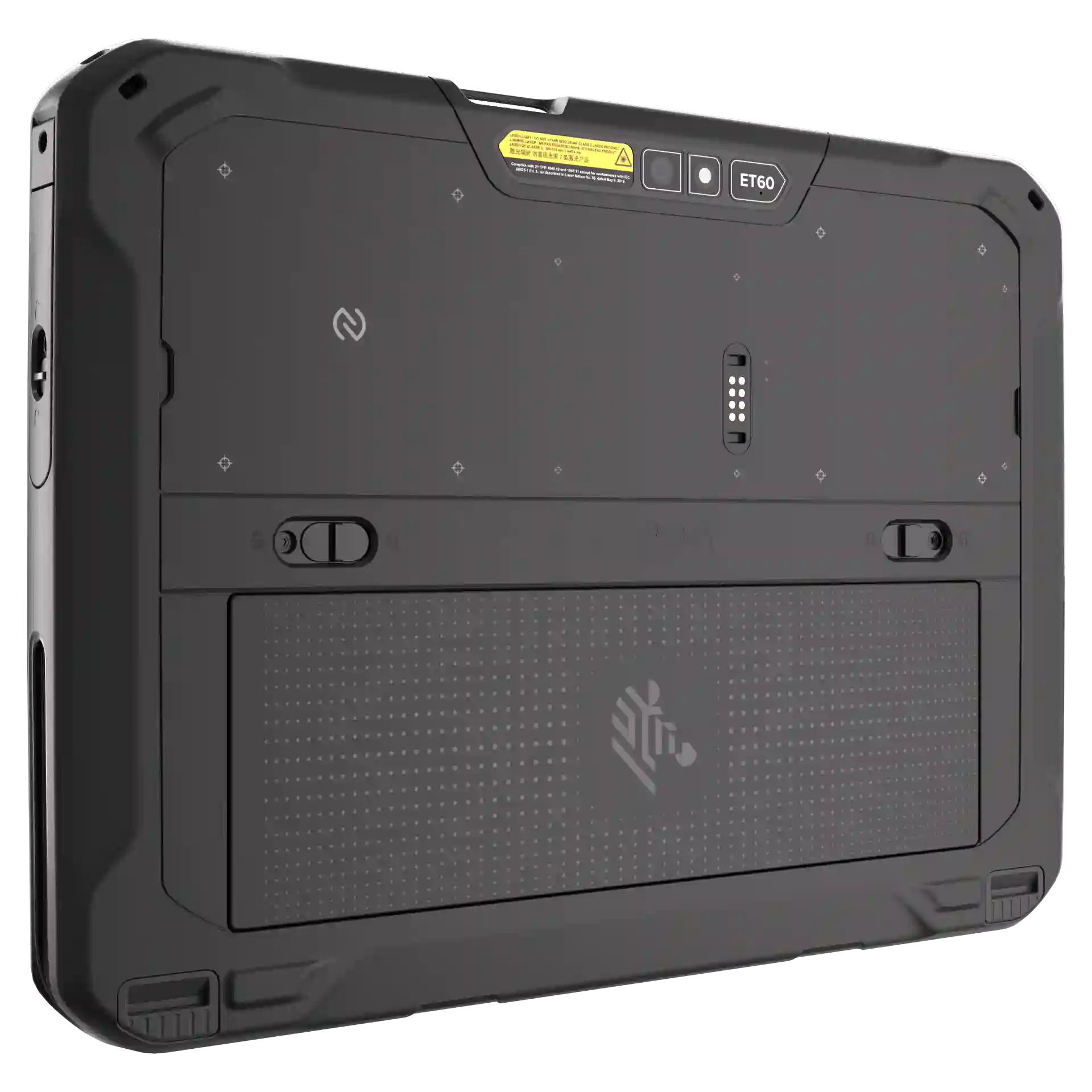 Tablet Zebra ET60 – Rückseite links mit Kamera, Scannermodul und Verriegelungen