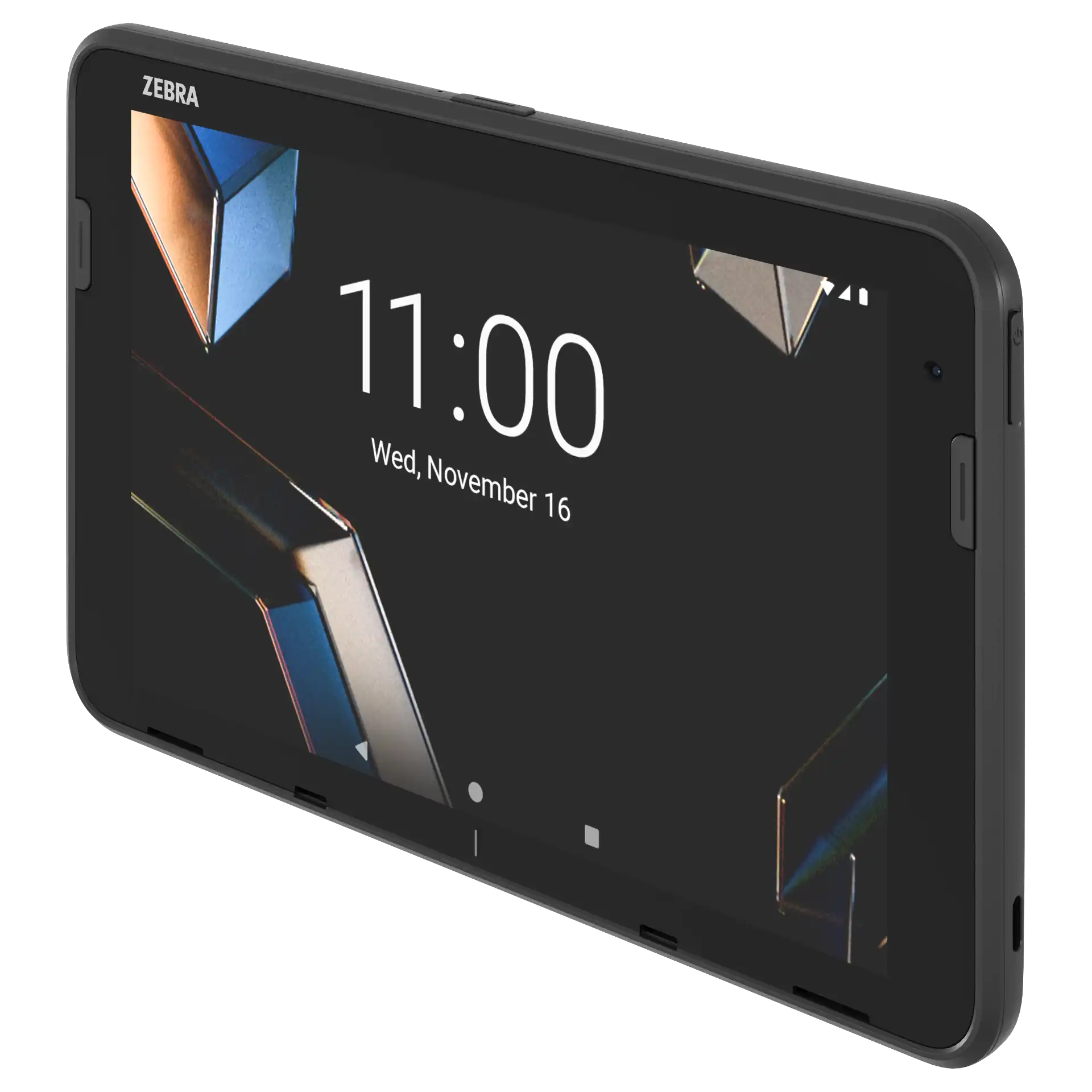 Tablet Zebra ET401 – schräge Frontansicht mit eingeschaltetem 8-Zoll-Display und sichtbaren Seitentasten