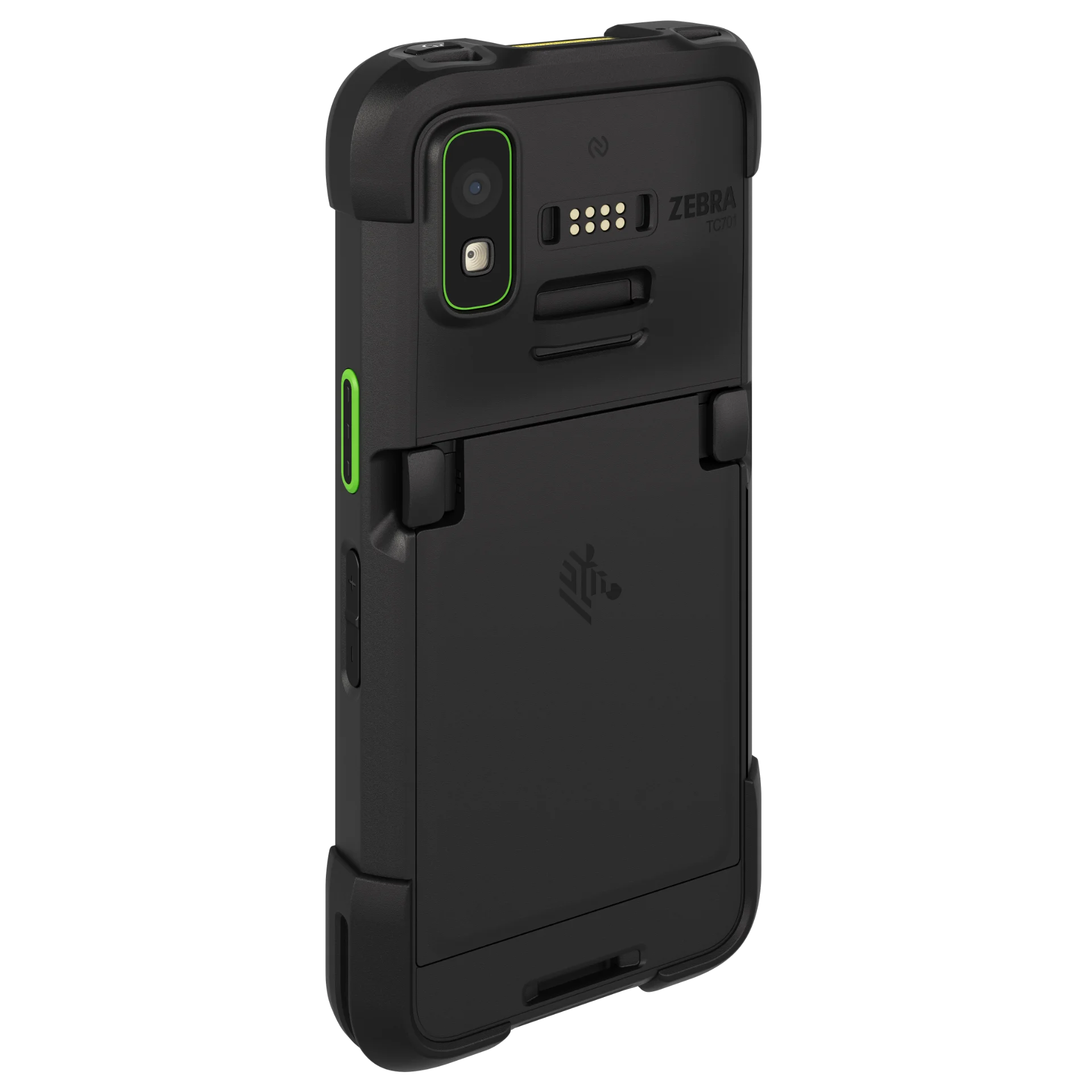 MDE-Gerät Zebra TC701 – Rückseite links mit Kamera, Anschlüssen und Akku
