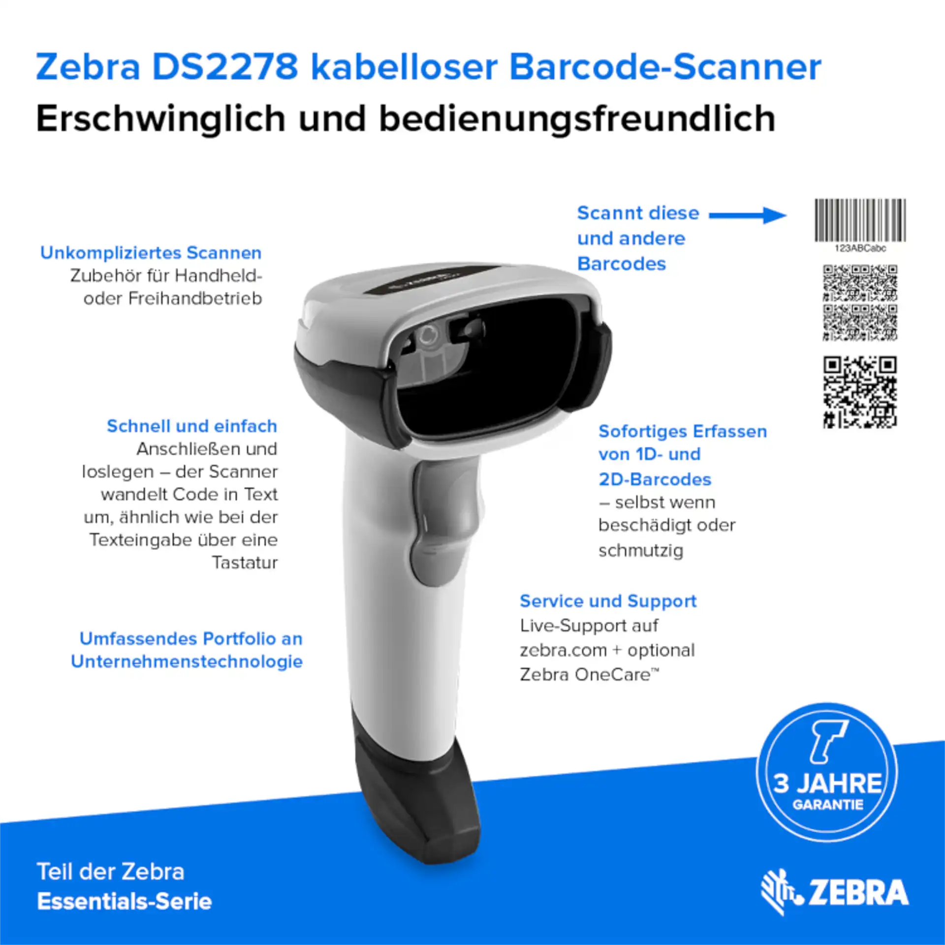 Barcode-Scanner Zebra DS2278 weiß frontal mit Scanfenster, sichtbarem Imager, Auslösetaste und Produktinformationen