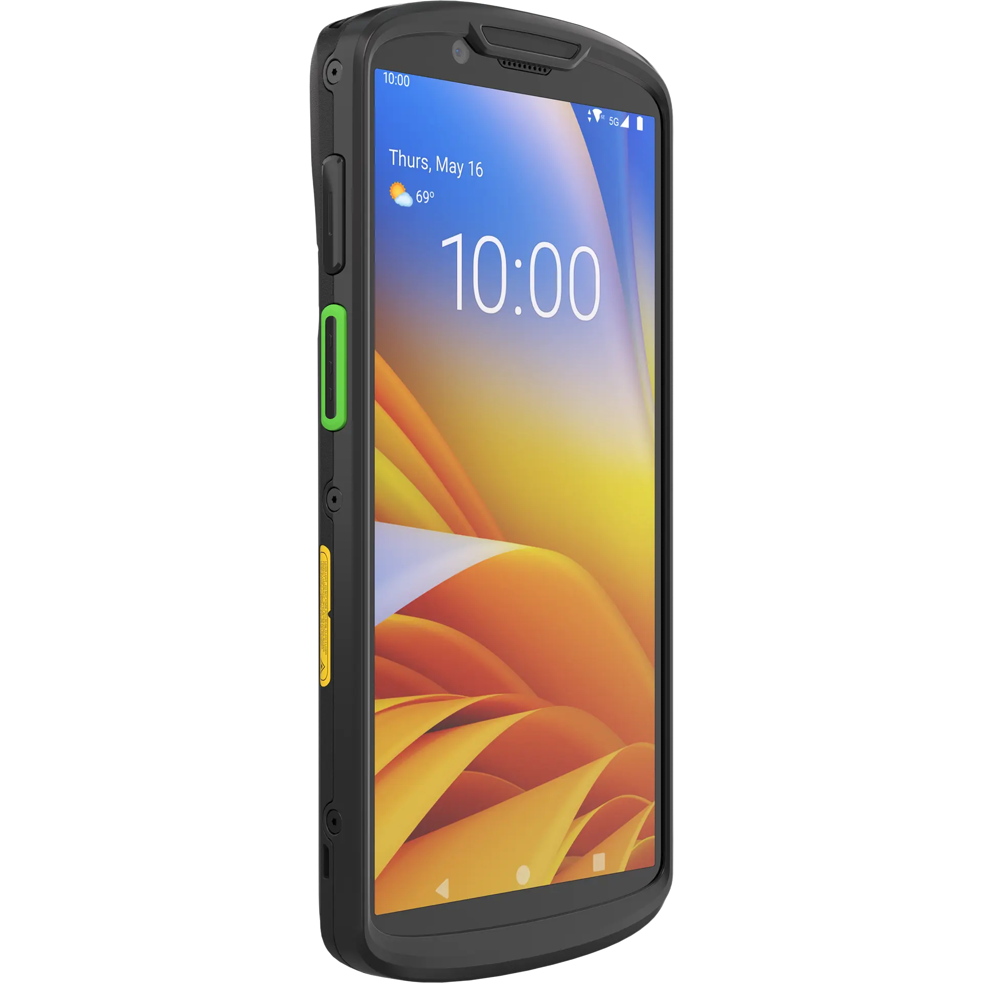 Zebra TC53e MDE Gerät schräge Front von links, Display an, Tasten an der Seite sichtbar.