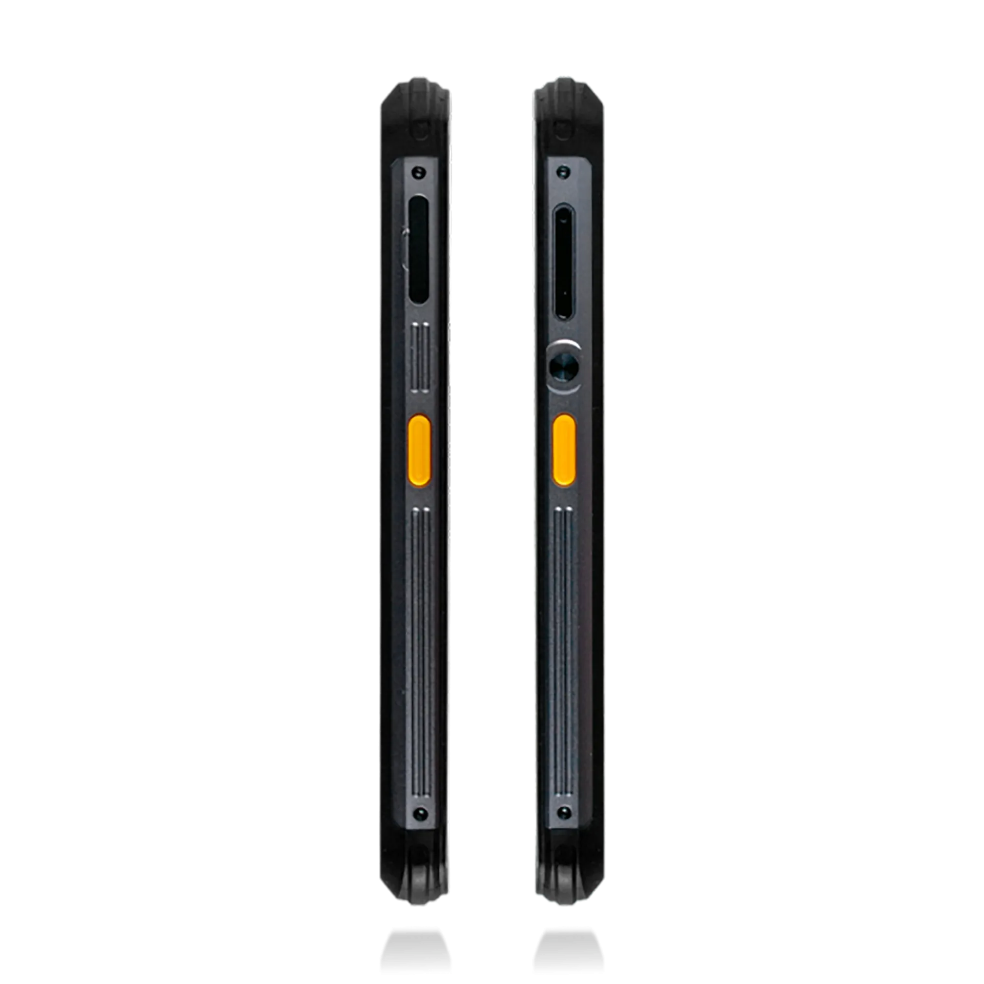 Seitenansicht des Newland NFT10 Pilot Pro MDE Geräts, gelbe Scantasten und weitere Funktionstasten sichtbar.