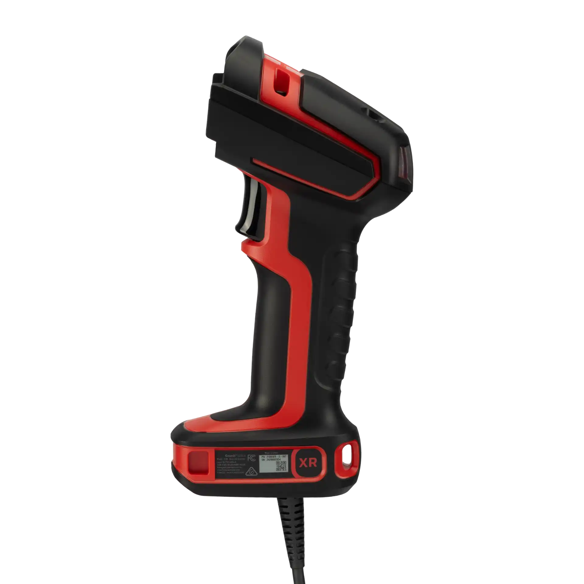 Barcode-Scanner Honeywell Granit Ultra 2100i XR – linke Seitenansicht mit schwarzer Griffauflage, rotem Schutzrahmen und Kabel.