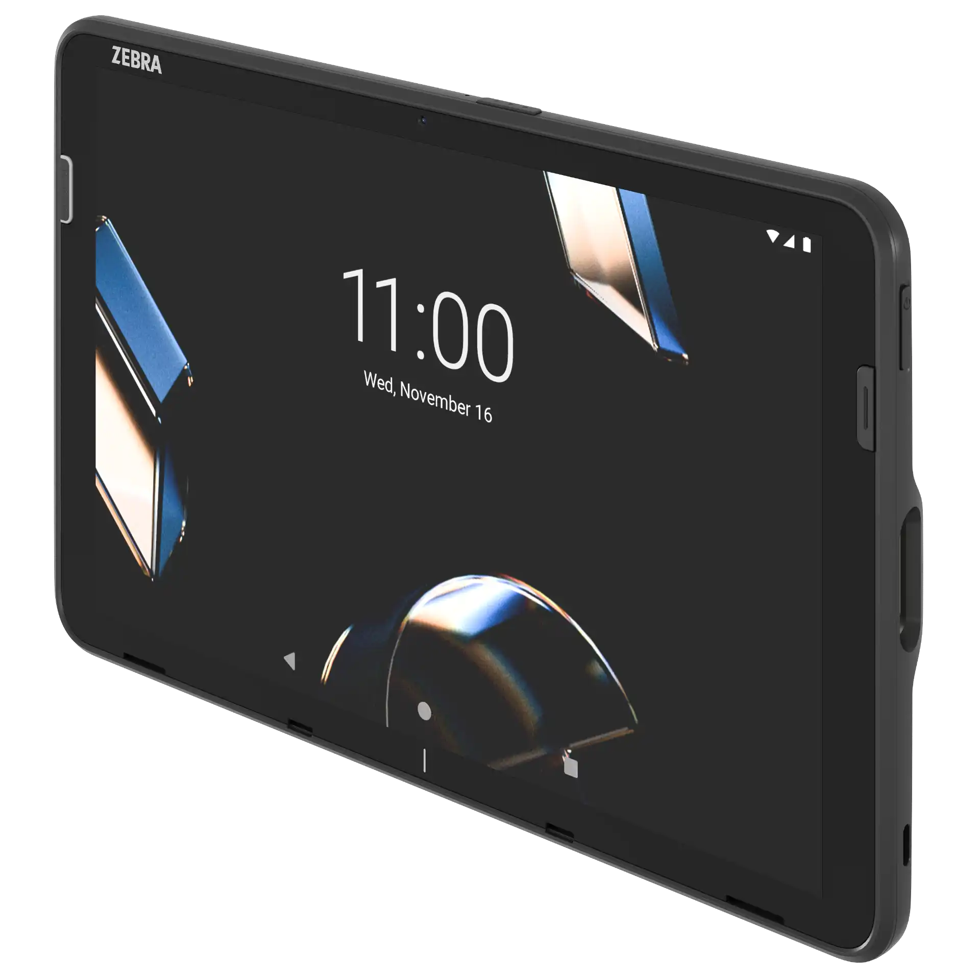 Tablet Zebra ET401 – schräge Front rechts, 10-Zoll Display an, Kamera, Scanner und seitliche Tasten sichtbar