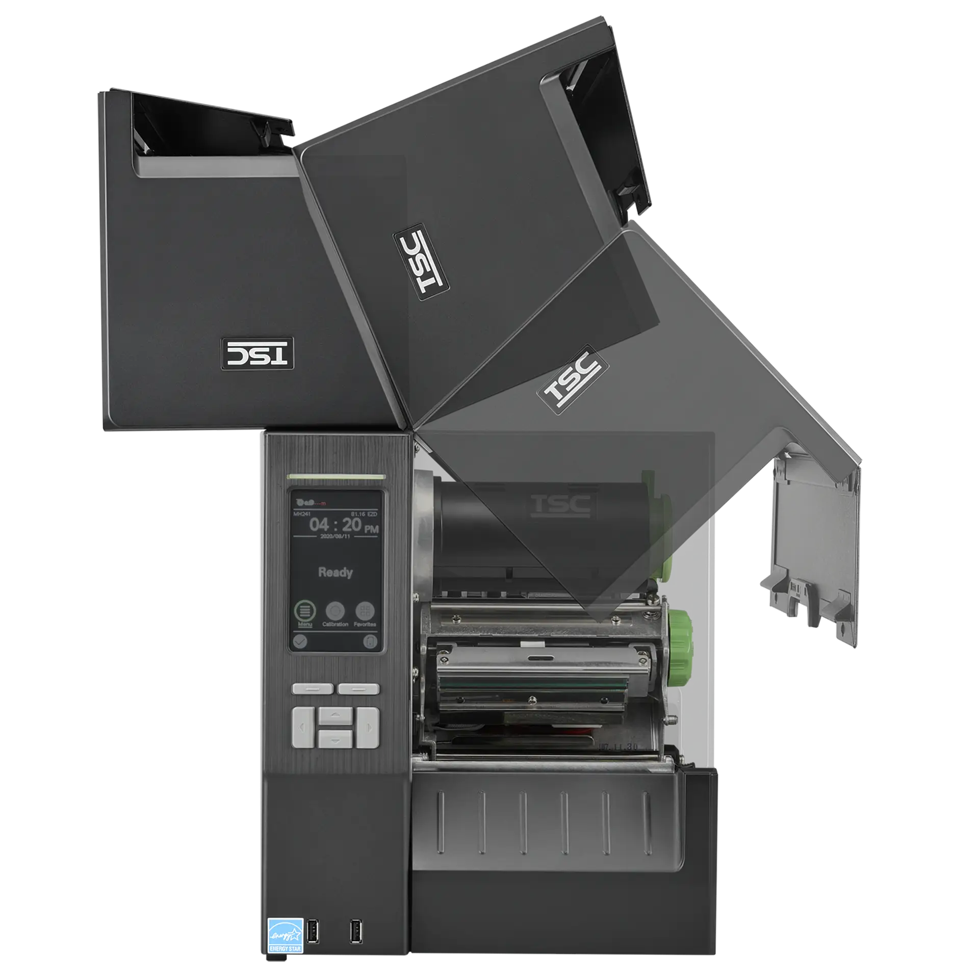 TSC MH241T Etikettendrucker - Frontansicht mit Darstellung des Klappmechanismus des Gehäusedeckels TSC MH241T Etikettendrucker, frontal mit Darstellung des Klappmechanismus des Gehäusedeckels, eingeschaltetem Display und Funktionstasten