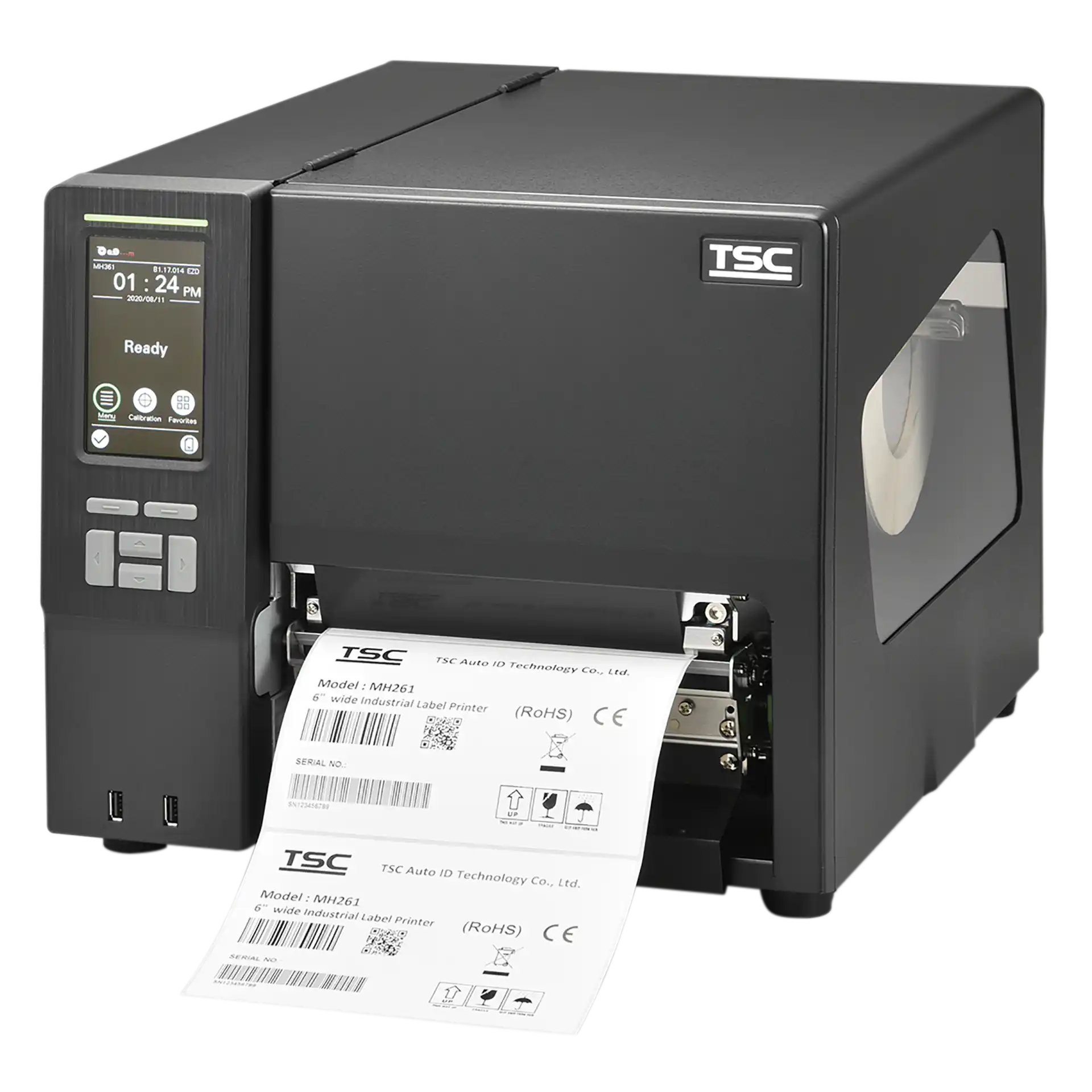 TSC MH261T Etikettendrucker, Frontansicht mit Display, Bedientasten, Etikettenausgabe und eingeschaltetem Display