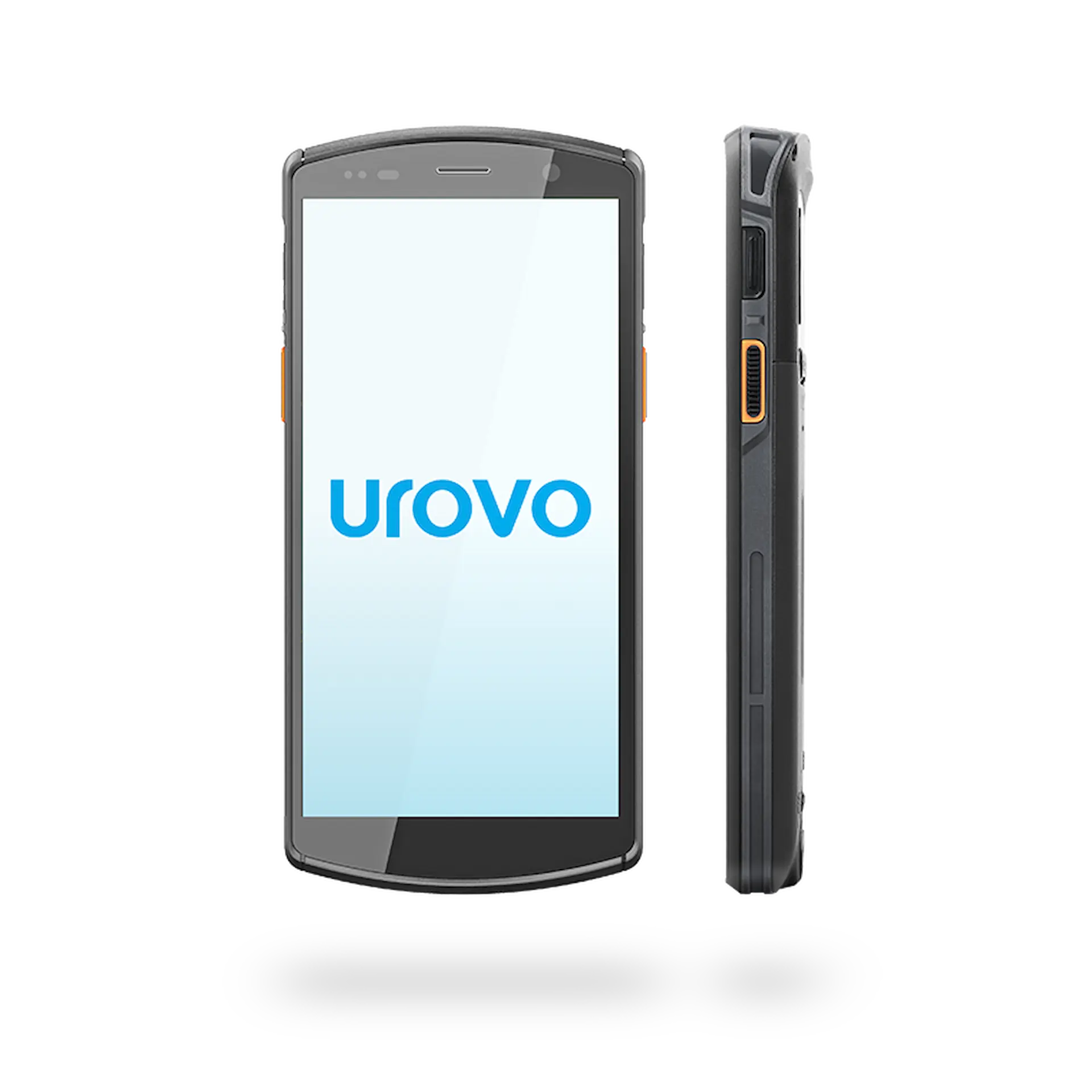 Urovo DT50S MDE Gerät, Frontansicht mit Urovo-Logo auf Display, Seitenansicht mit Bedienknöpfen