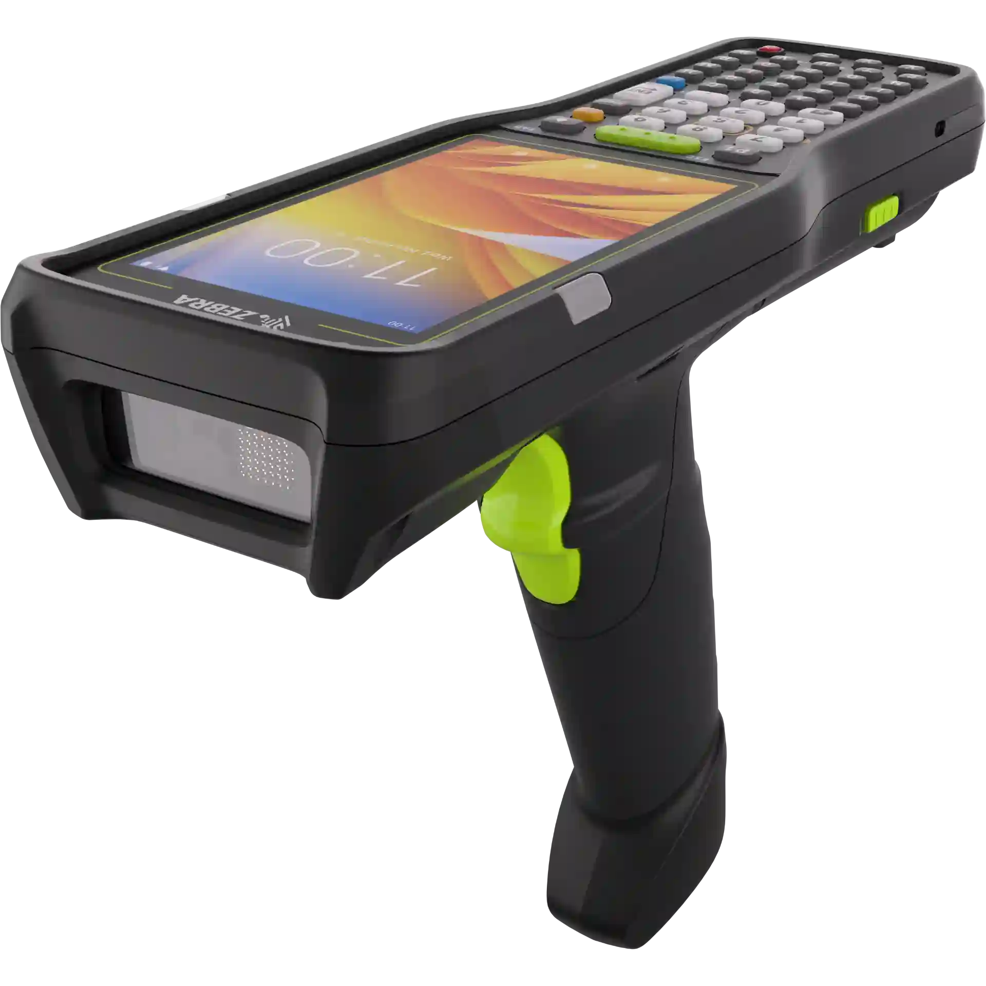 MDE Gerät Zebra MC3400/MC3450 mit Pistolengriff schräg vorn links, Display an, Scanmodul sichtbar.