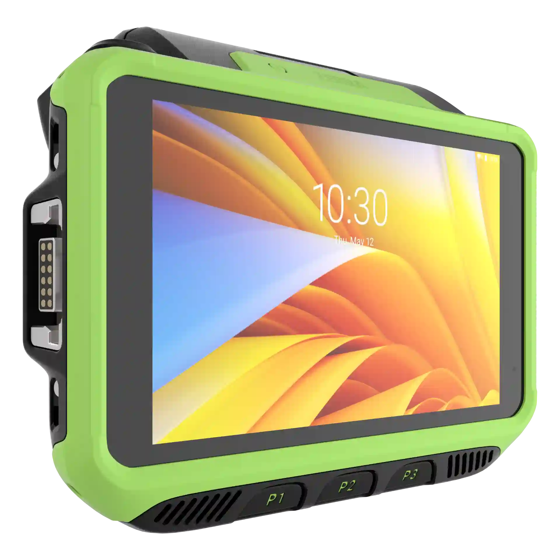 Wearable Zebra WT6400 – linke Frontperspektive, Display an, seitlicher Anschluss und Tasten