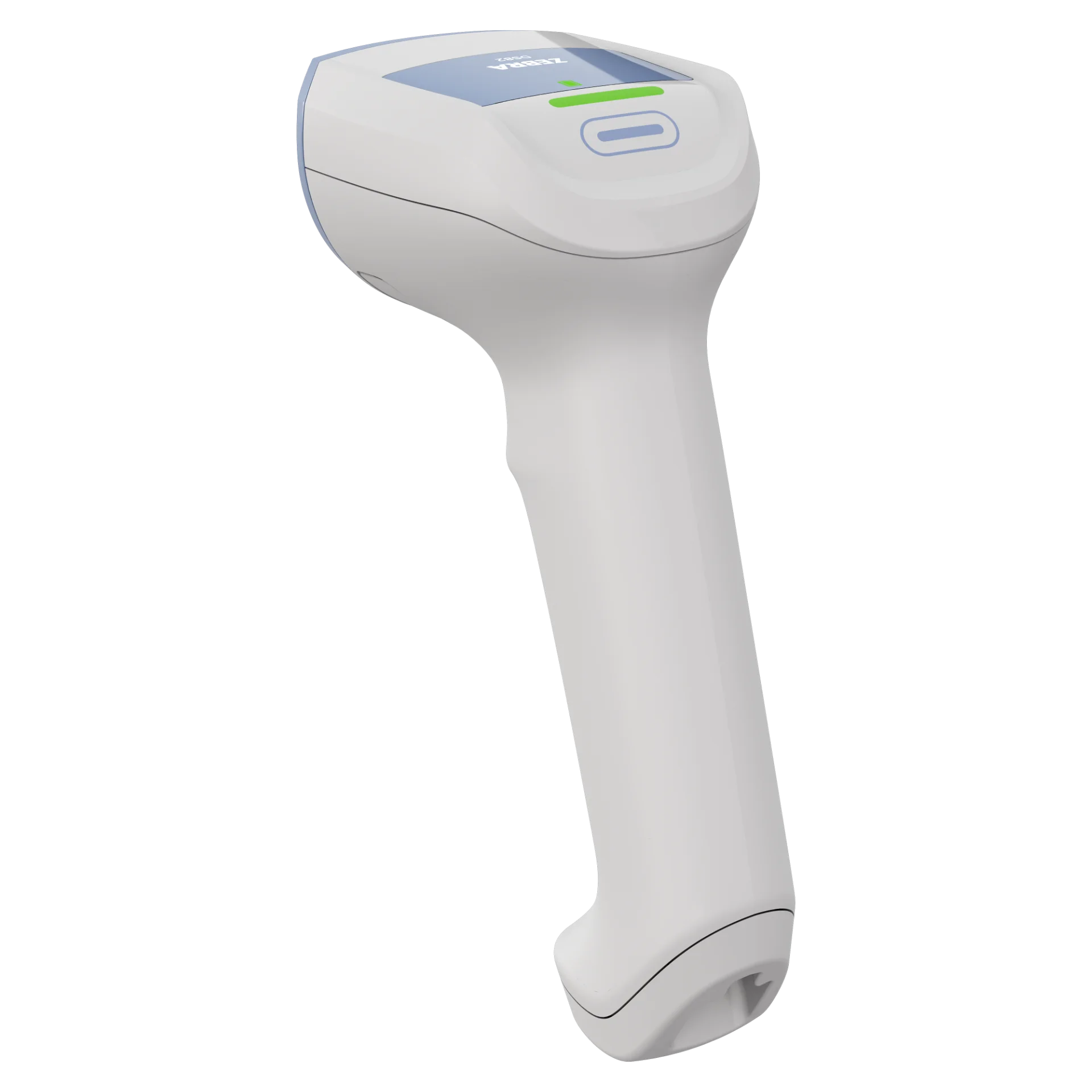 Barcode Scanner Zebra DS8208-HC – Rückansicht schräg links, oberes Bedienfeld mit Funktionstaste und grüner Status-LED, Kabelausgang unten