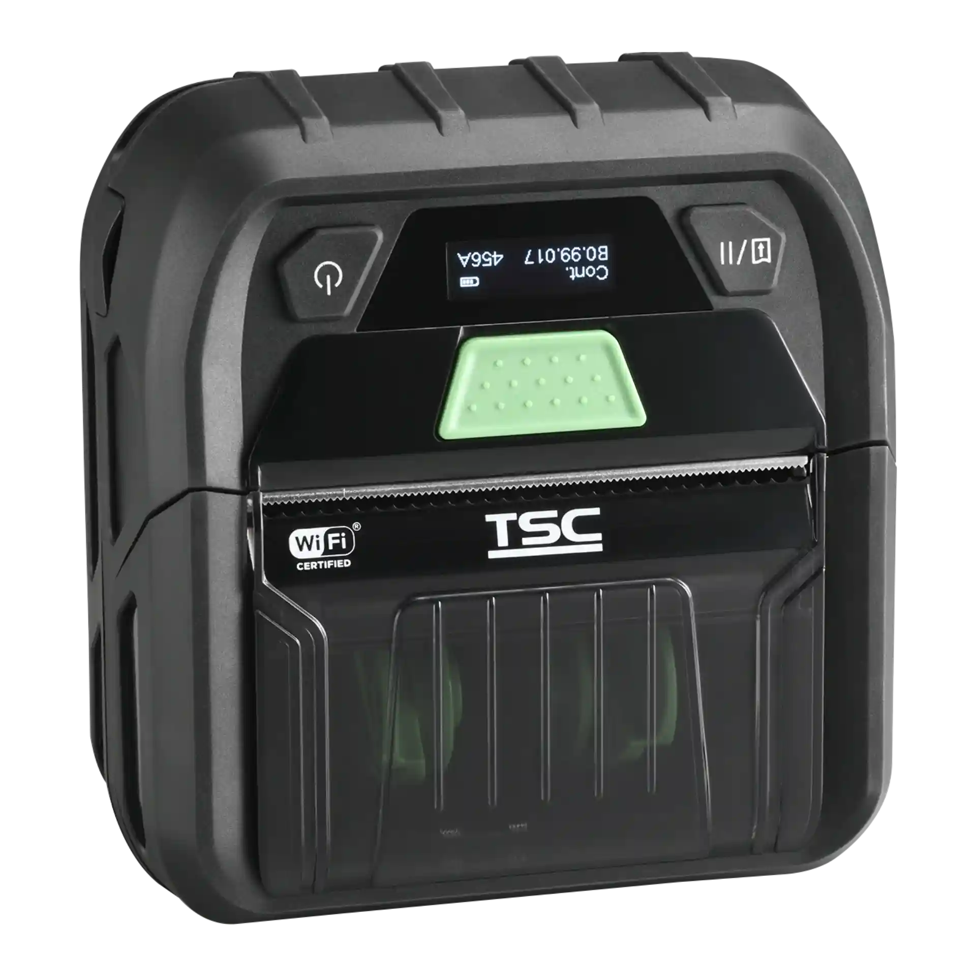 Mobiler Etikettendrucker TSC RE310 – schräg vorne links, eingeschaltetes Display, Power- und Feed-Taste, geschlossene transparente Frontklappe