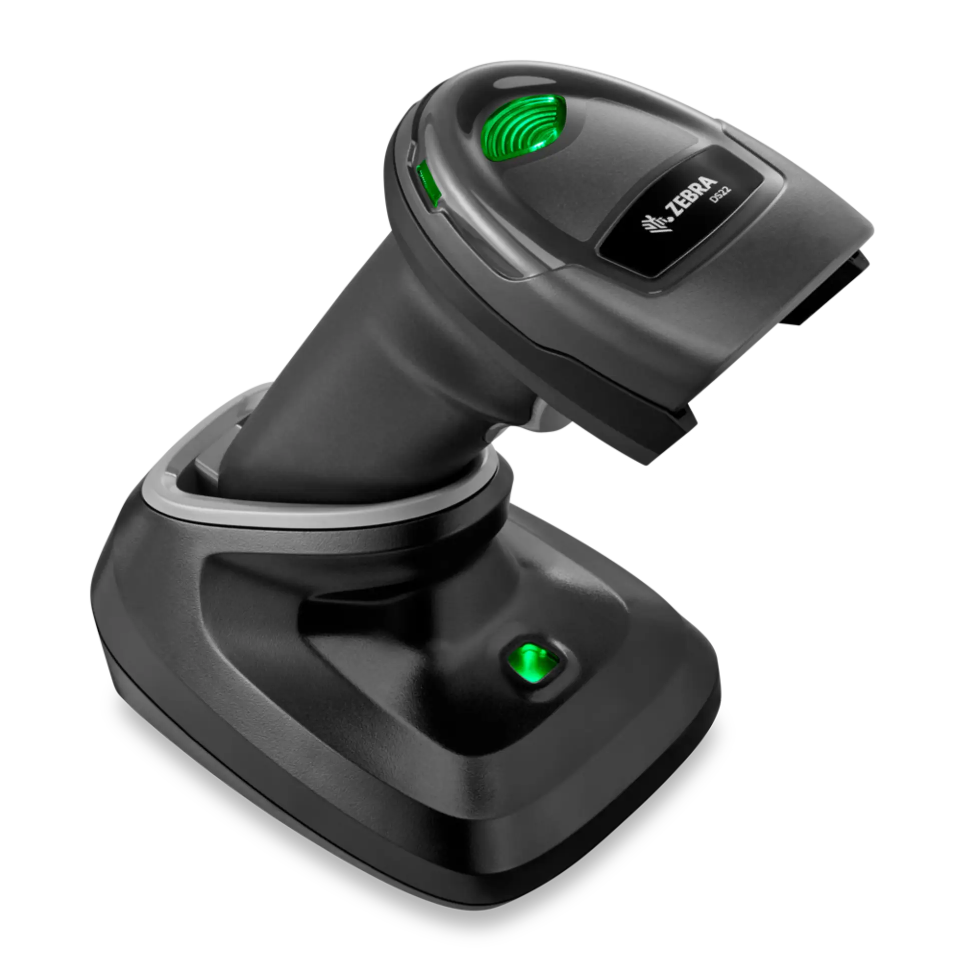Barcode Scanner Zebra DS2278 schwarz – schräg oben links in Basisstation, grüne LEDs leuchten