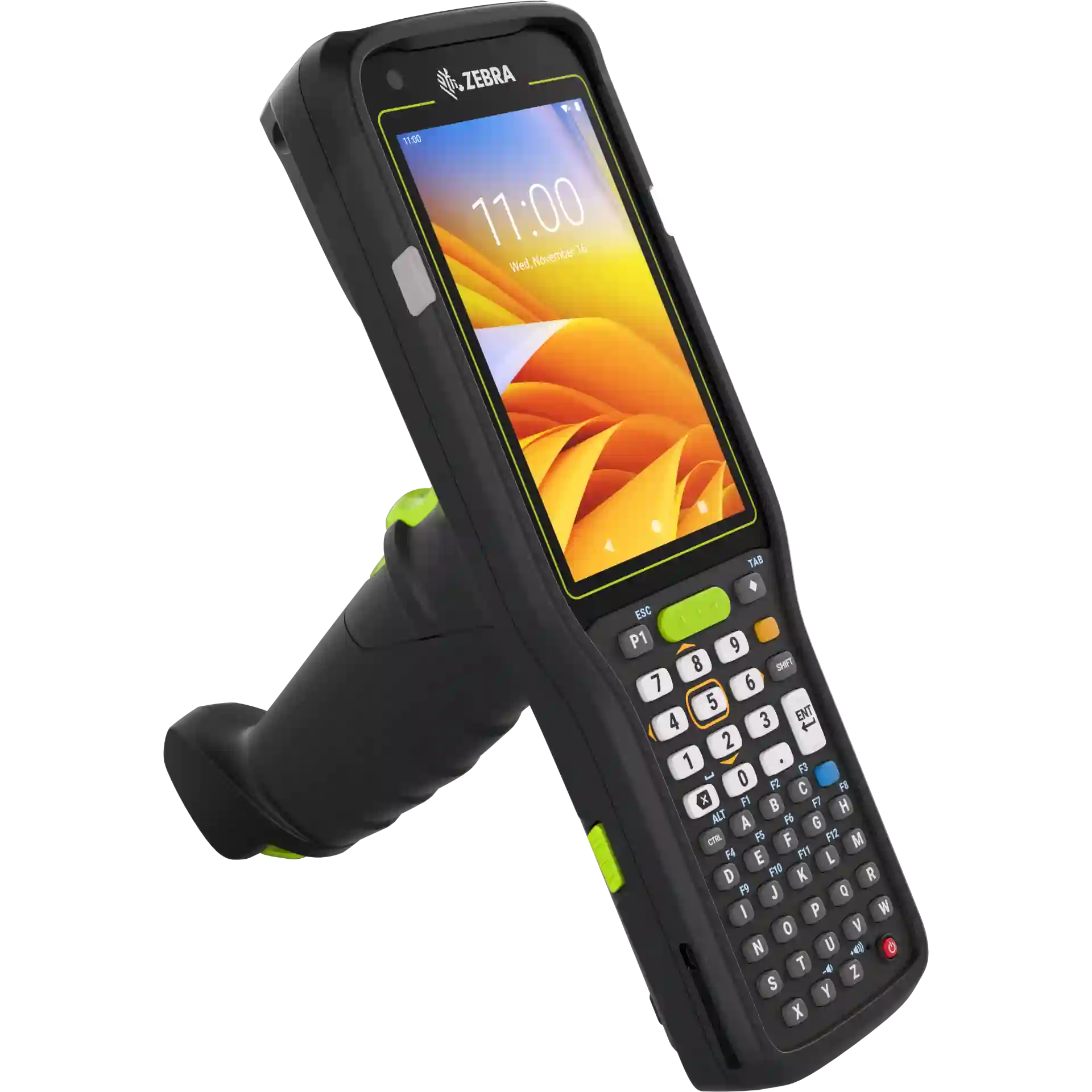 MDE Gerät Zebra MC3400/MC3450 mit Pistolengriff schräg links, 47-Tasten-Tastatur, Display an.