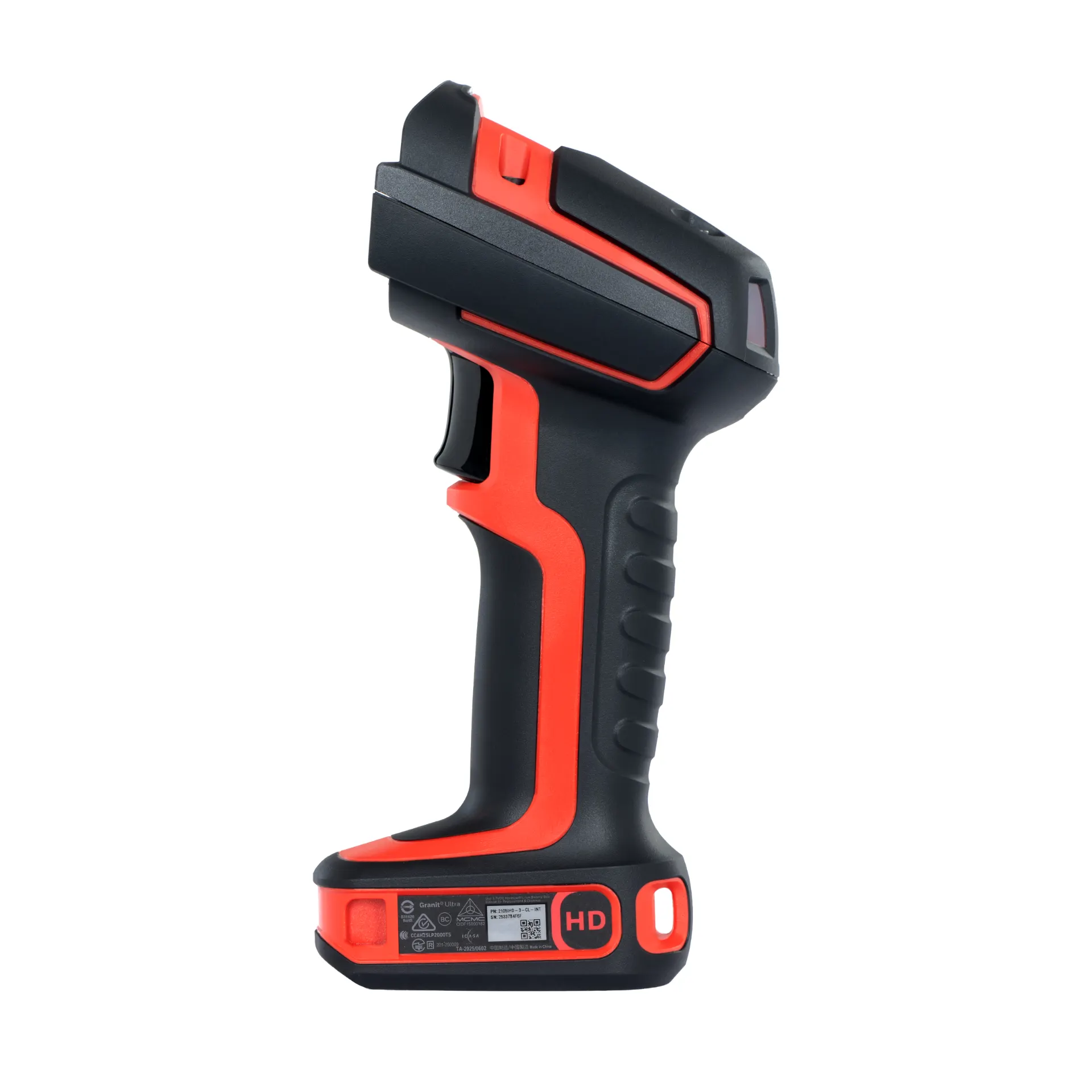 Barcode-Scanner Honeywell Granit Ultra 2105iHD von links mit schwarz-rotem Gehäuse, Griffverstärkung und Auslöser