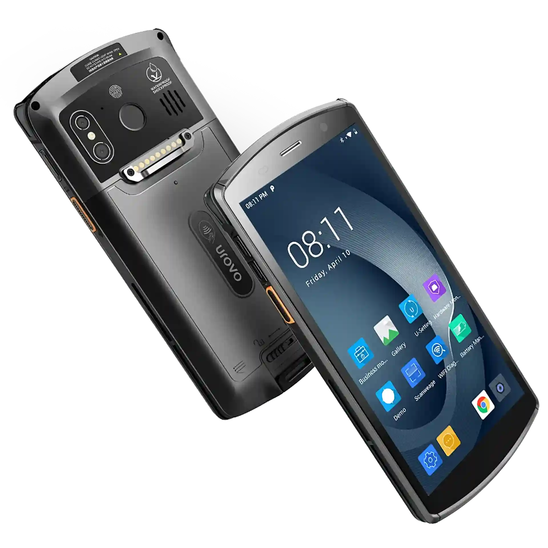 Urovo DT50S MDE Gerät, seitliche Ansicht Vorder- und Rückseite, Display an, sichtbare Tasten und Anschlüsse