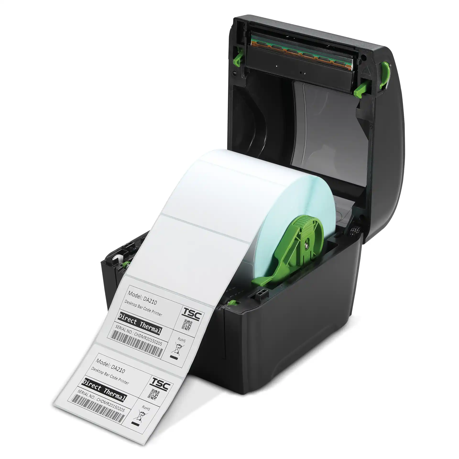 TSC DA210 Etikettendrucker geöffnet mit eingelegter Etikettenrolle Geöffneter TSC DA210 Drucker mit eingelegter Etikettenrolle und Etiketten