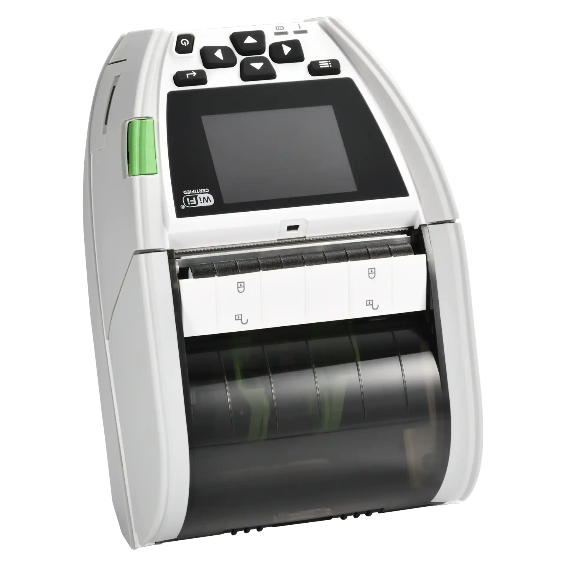 Etikettendrucker TSC Alpha-30LHC – Schrägansicht von links oben mit dunklem Display, Tastenfeld und transparenter Abdeckung des Medienfachs