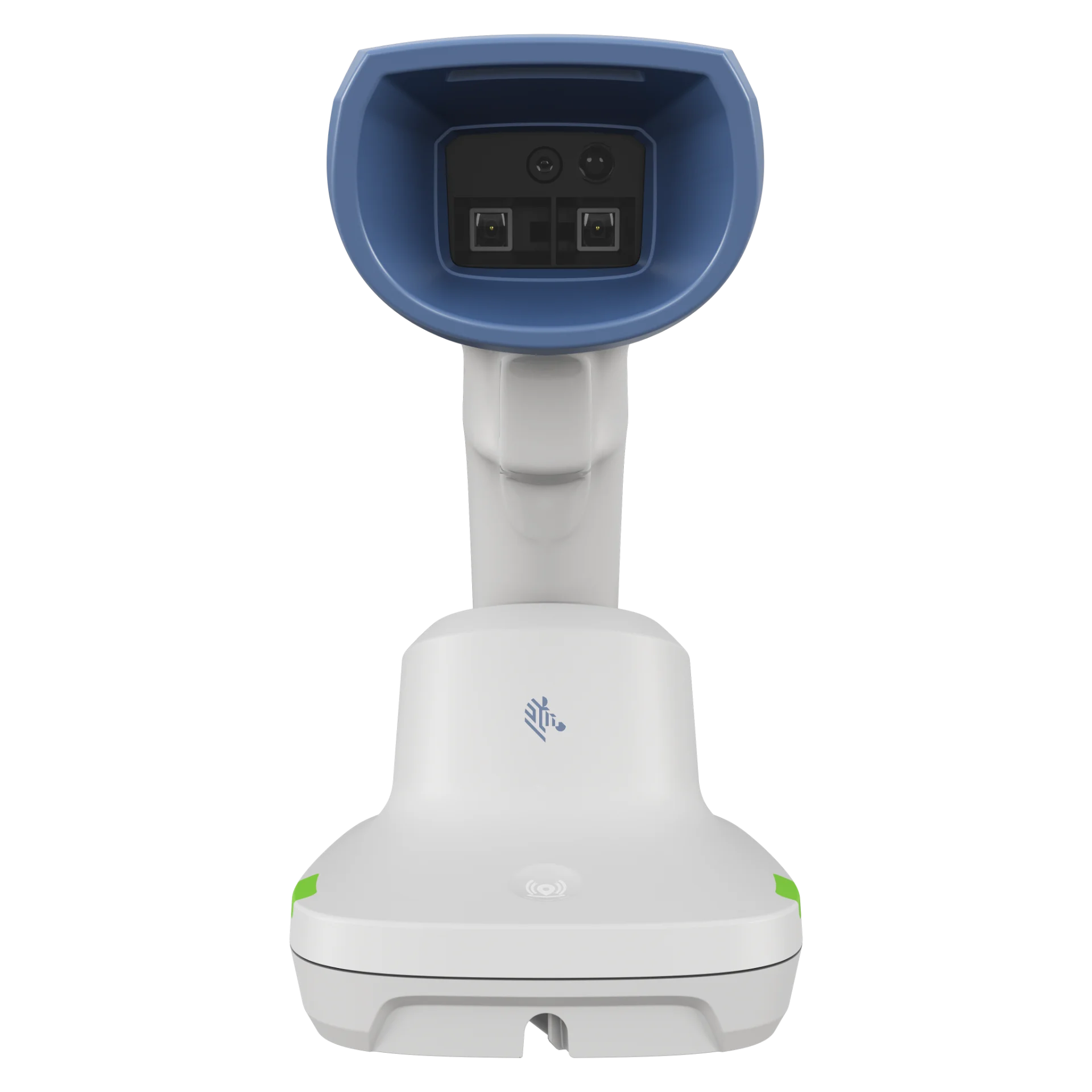 Barcode Scanner Zebra DS8288-HC in Präsentationsladestation, Frontansicht mit tiefem Scanfenster, Sensoren
