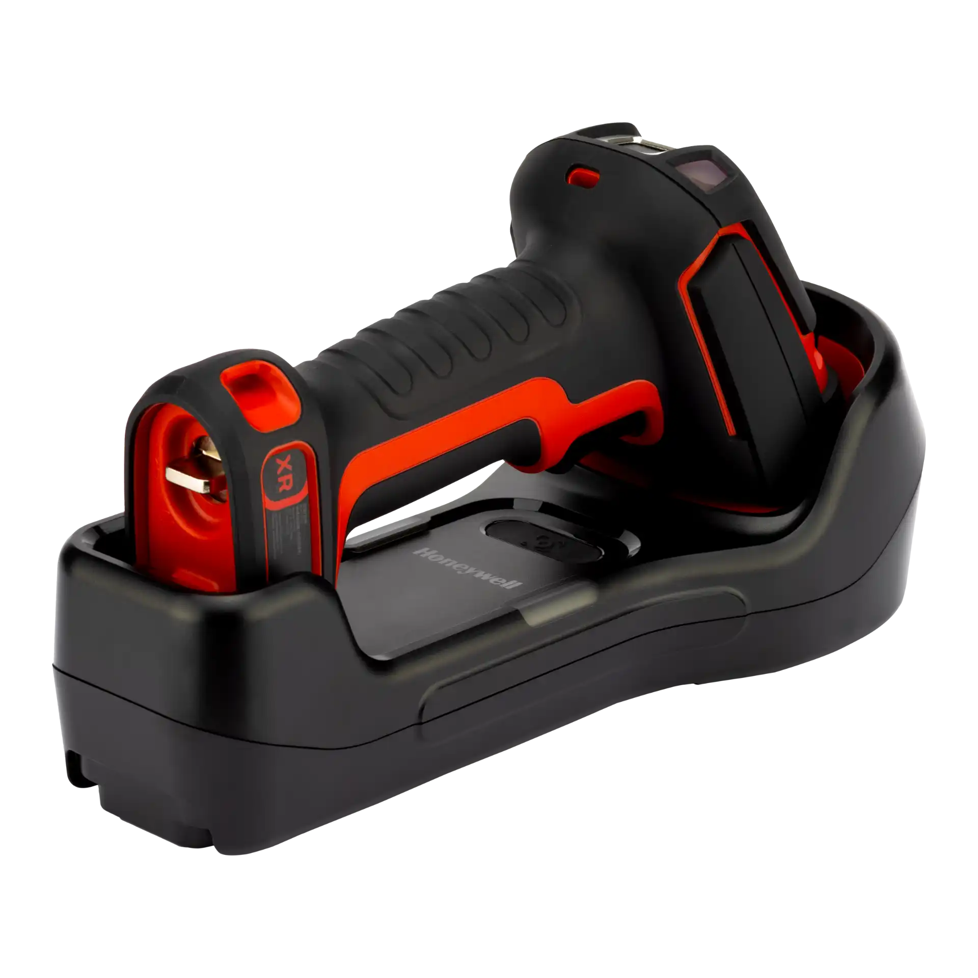 Barcode-Scanner Honeywell Granit Ultra 2105i XR in Ladestation, Rückseite rechts unten mit Griff und XR-Kennzeichnung