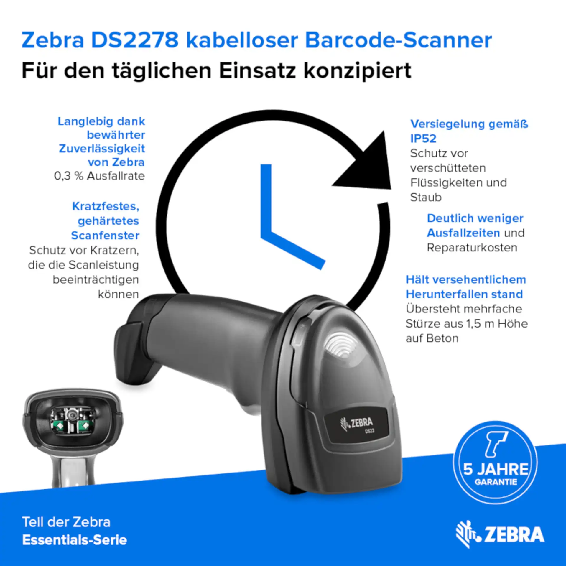 Barcode Scanner Zebra DS2278 – robustes Gehäuse schräg von hinten mit Scanfenster; Produktinformationen im Bild