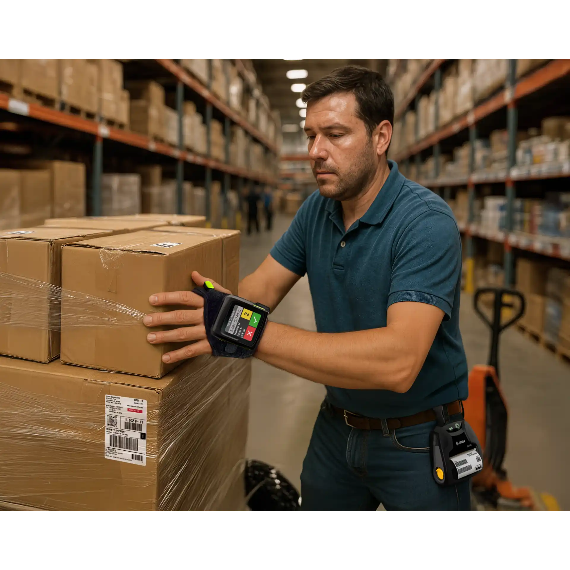 Wearable Zebra WS50-WS501 – Arbeiter nutzt Gerät im Lager, Display und Bedienelemente sichtbar