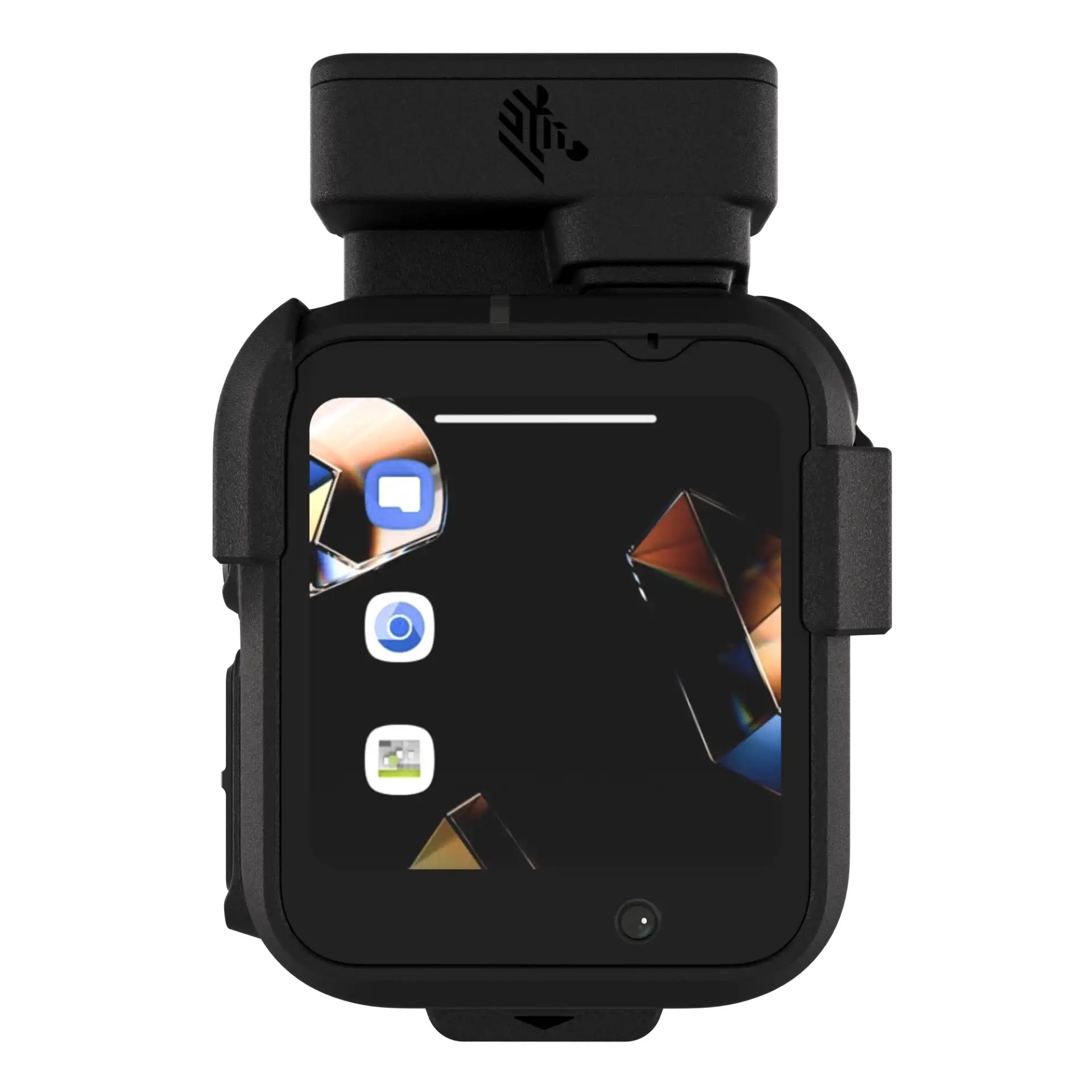 Wearable Zebra WS301 frontal mit aktivem Display, Clip-Mount oben, Kamera und Bedienelemente sichtbar