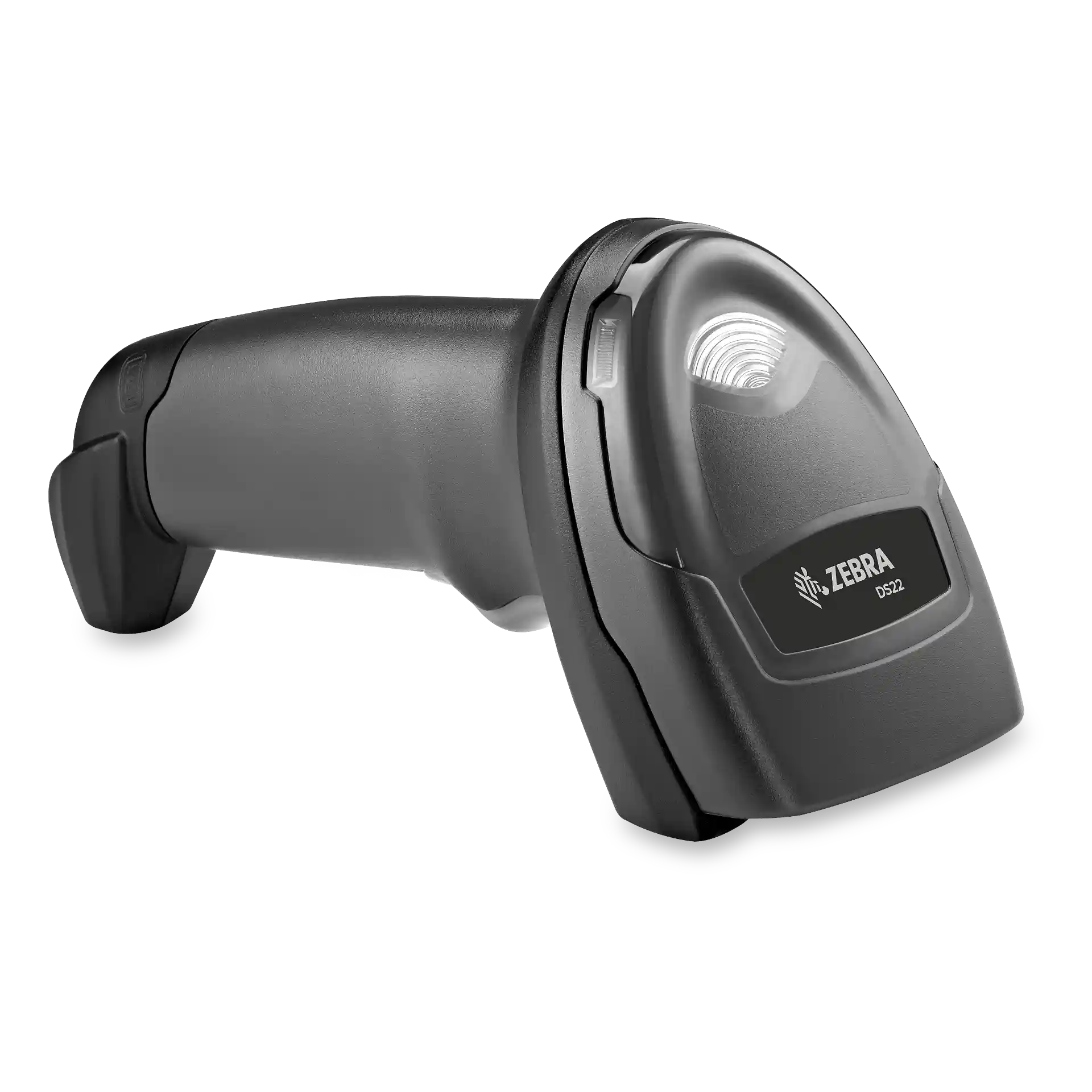 Barcode-Scanner Zebra DS2208 in seitlicher Draufsicht; Scanfenster, Status-LED und Taste am Griff sind sichtbar.