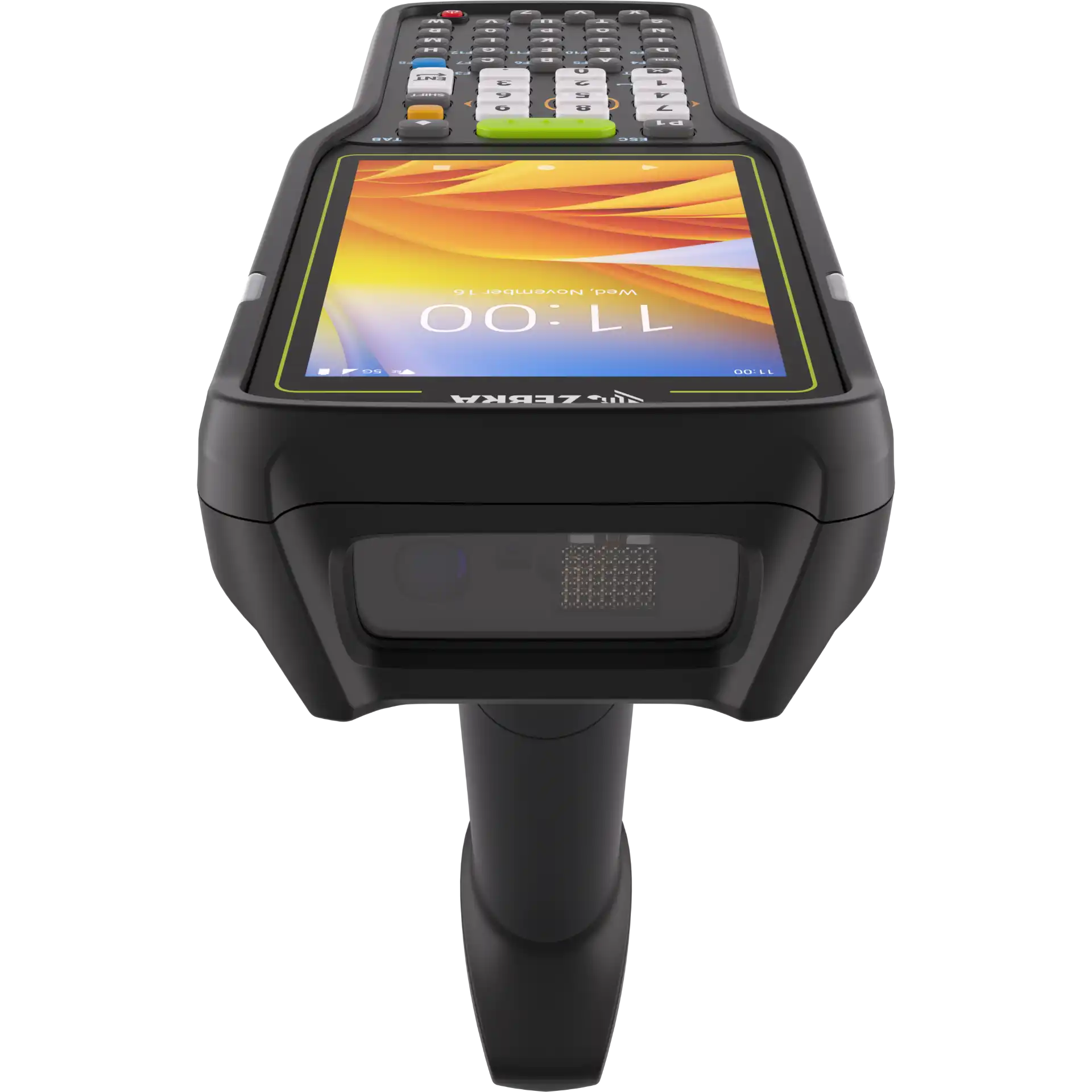 MDE Gerät Zebra AMDE Gerät Zebra MC3400/MC3450 mit Pistolengriff von vorn, Scanmodul, 47 Tasten, Display an.MC3400/MC3450 von vorn, Scanmodul, 47 Tasten und Display eingeschaltet.