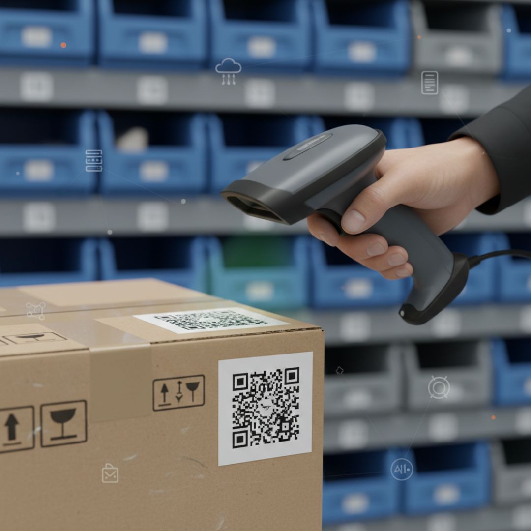 Ein Barcode Scanner der einen QR-Code auf einem Karton erfasst.