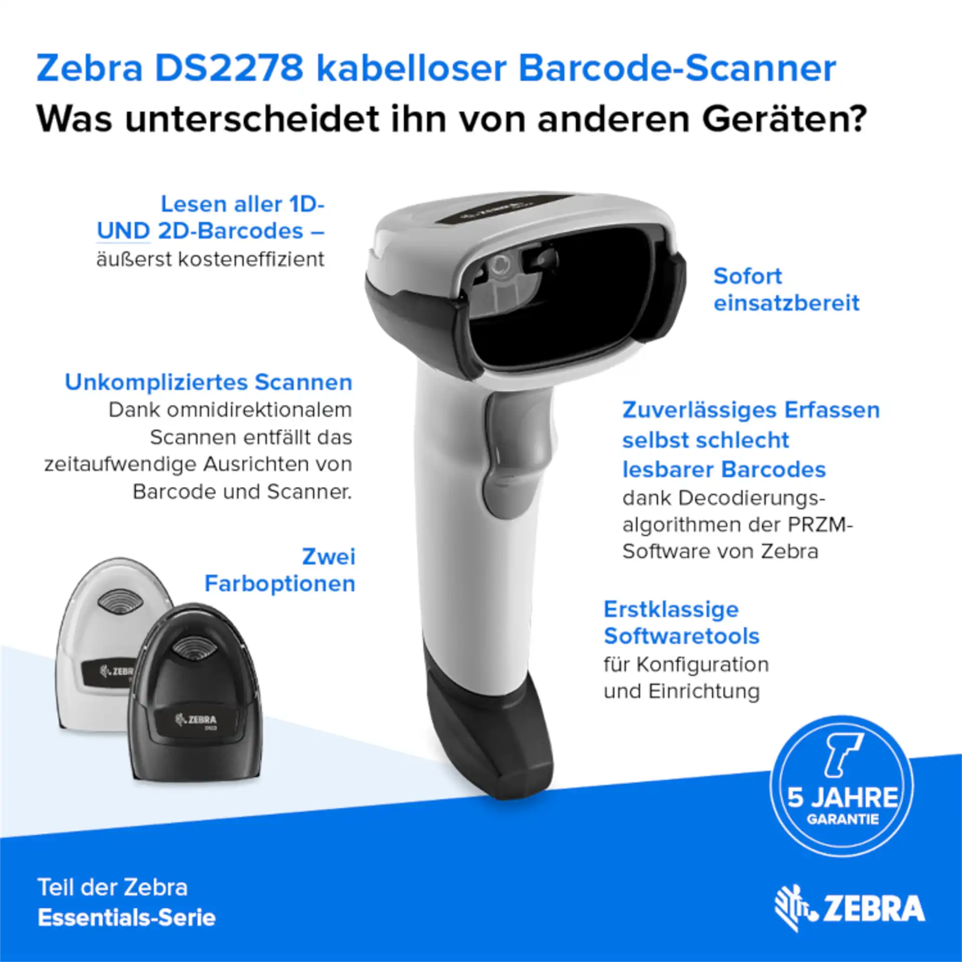 arcode-Scanner Zebra DS2278 in schräger Frontansicht mit Scanfenster und Griff; zwei Farbvarianten, Halterungen und Produktinformationen
