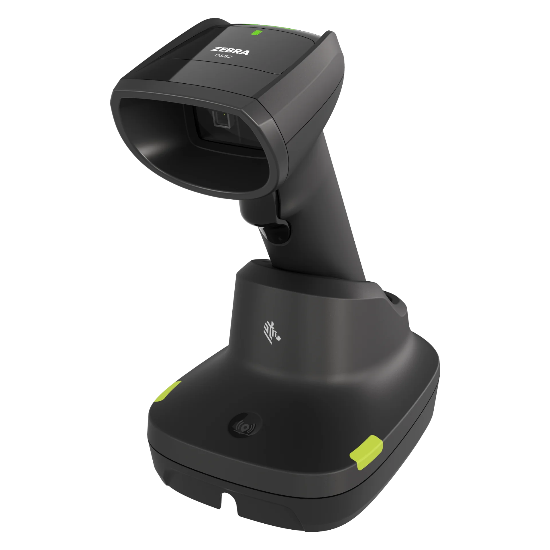 Barcode Scanner Zebra DS8288 in Präsentations-Cradle, schräge Frontrechtsansicht mit Sensoren und Kamerafenster