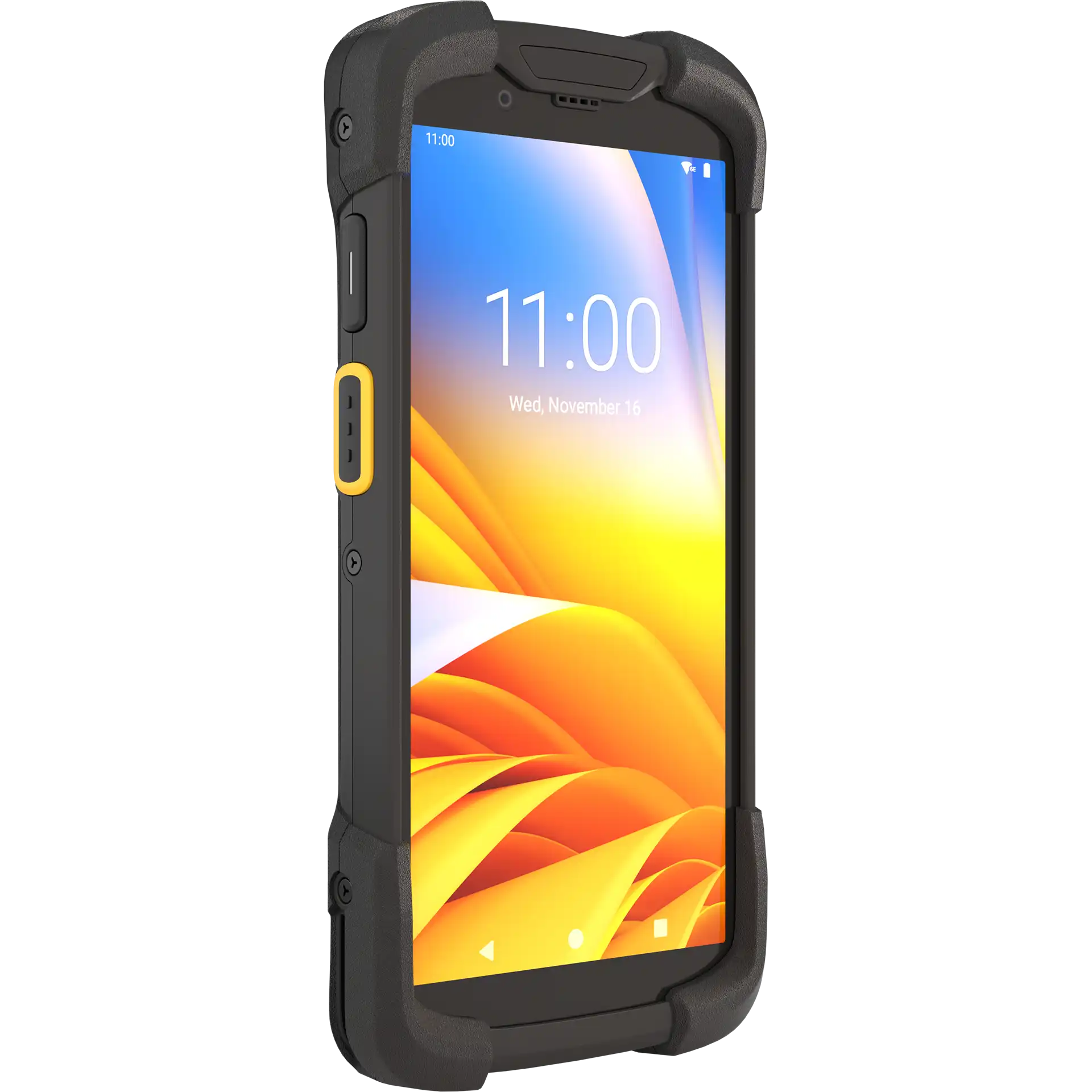 Zebra TC73/78 MDE Gerät, schräg von links, Display eingeschaltet, Funktionstaste gut erkennbar.