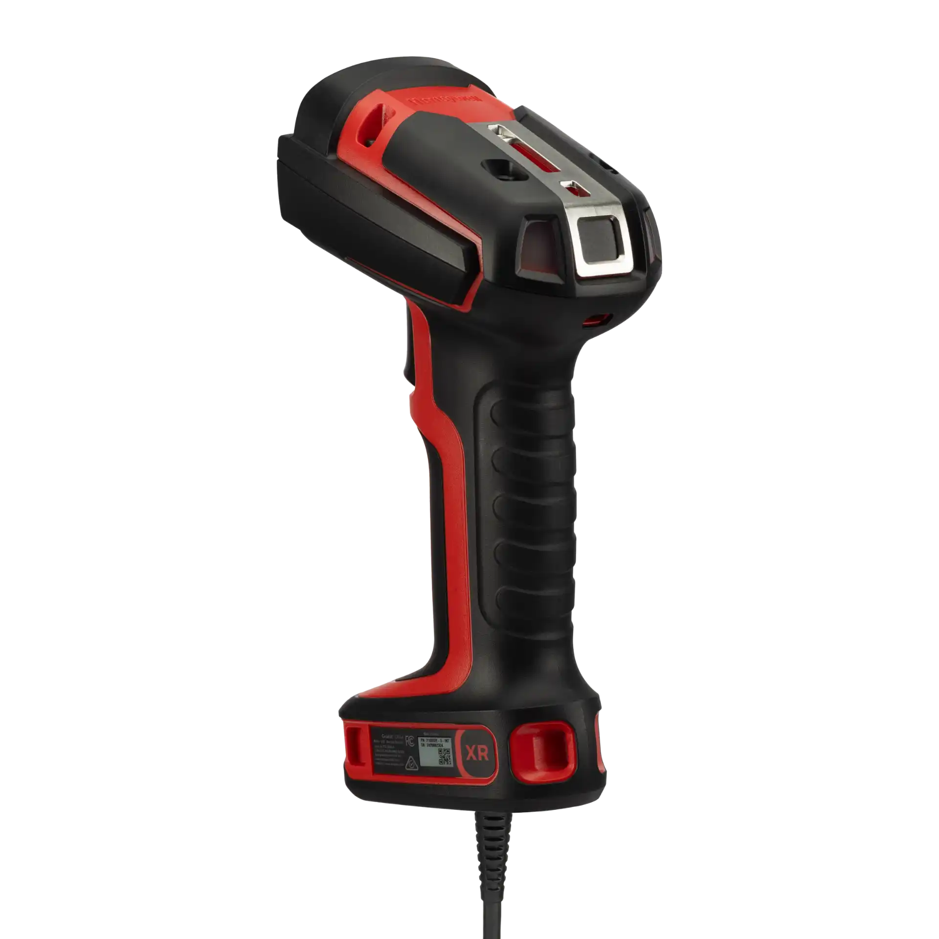 Barcode-Scanner Honeywell Granit Ultra 2100i XR – schräge Rückansicht links mit schwarzem Griff, roten Schutzrahmen, Metallbügel und Kabel.