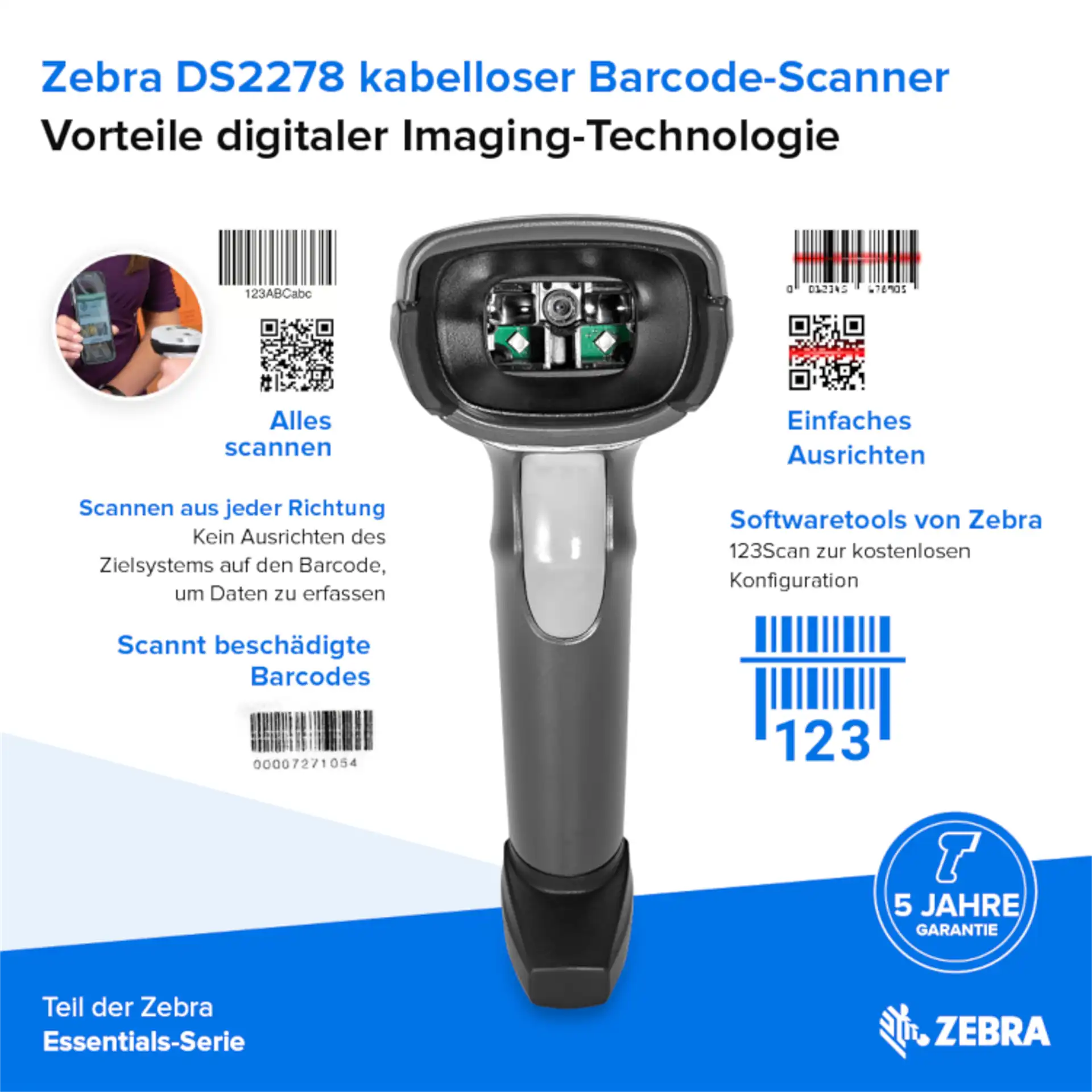 Barcode-Scanner Zebra DS2278 frontal mit zentraler Kamera, Scanmodul, Barcodegrafiken und Produktinformationen