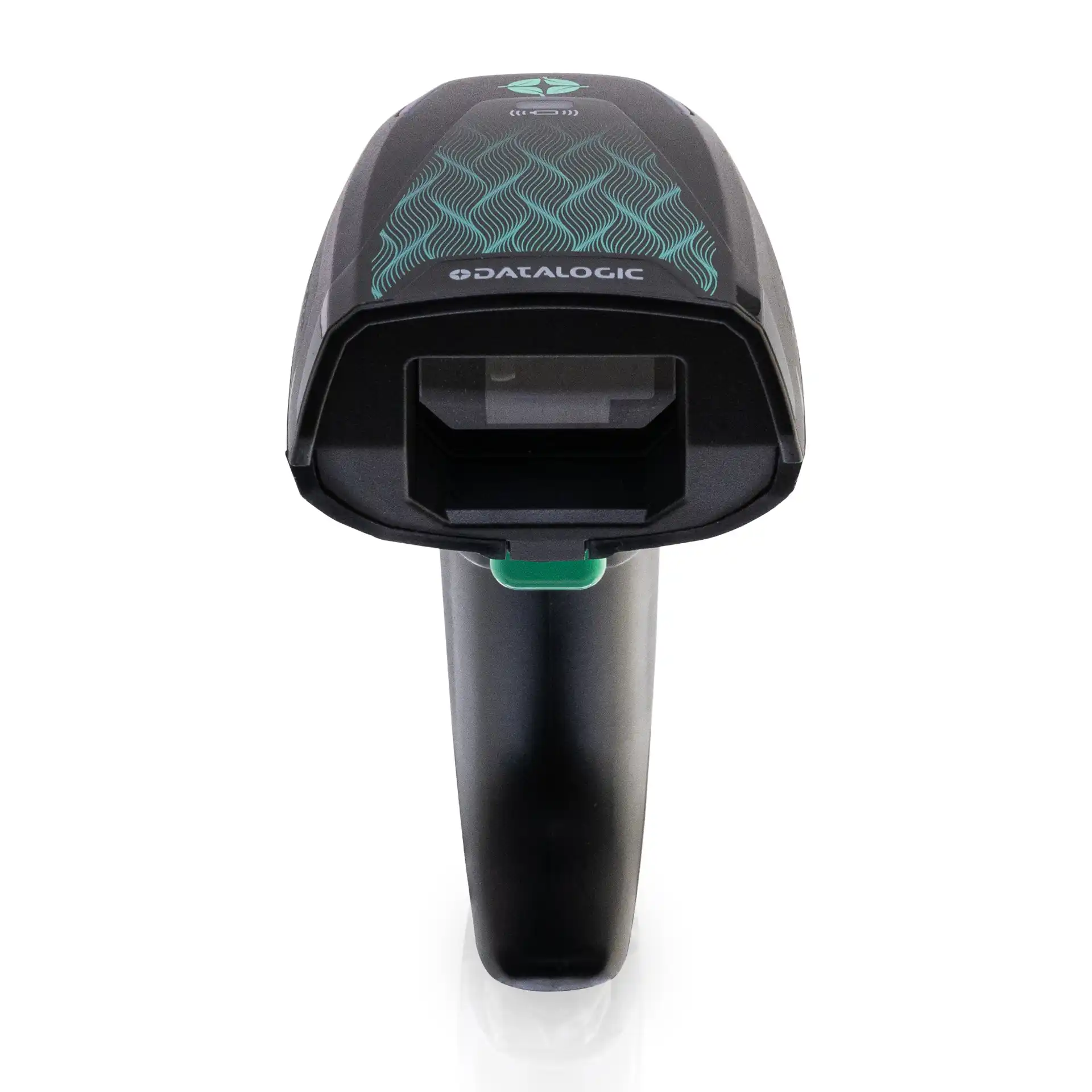 Barcode Scanner Datalogic Gryphon GBT4600 GM4600 – frontale Nahaufnahme von oben, dunkles Scanfenster ohne Licht, grüner Auslöser unterhalb, dekorierte Kopfoberseite