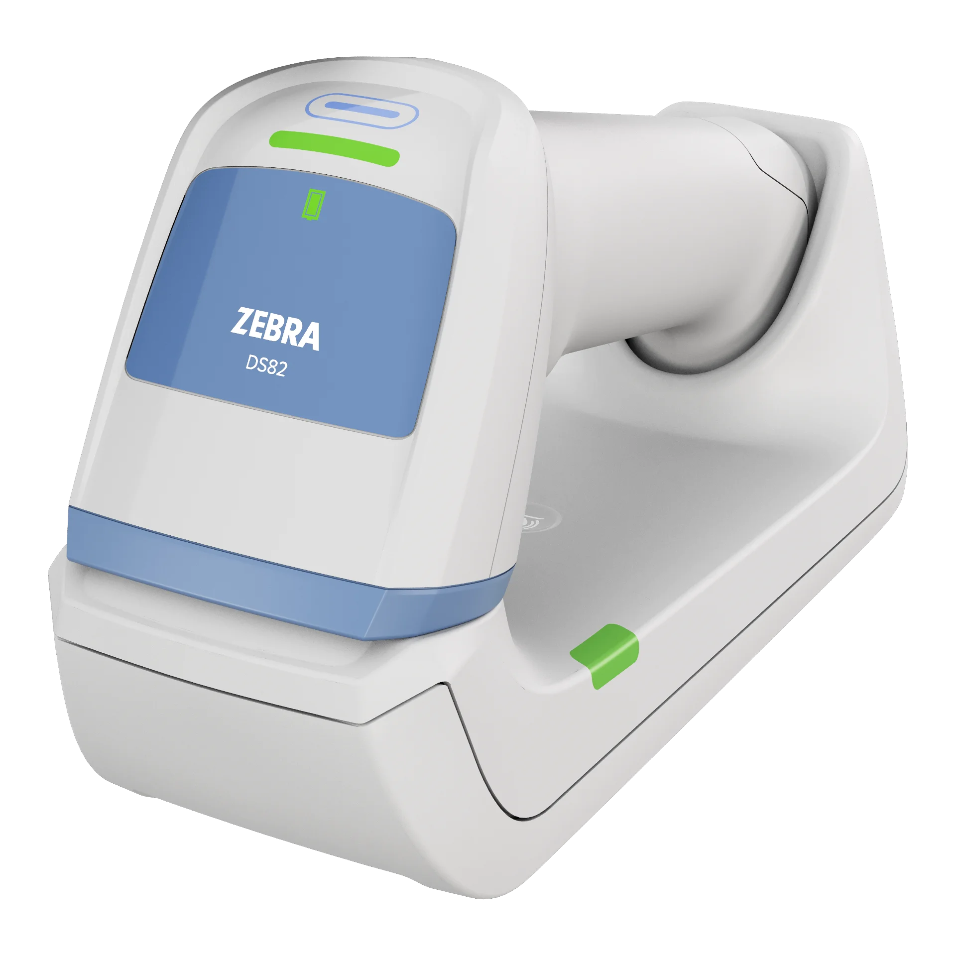 Barcode Scanner Zebra DS8288-HC in Standard-Ladestation, Front rechts, Scannerkopf mit LED